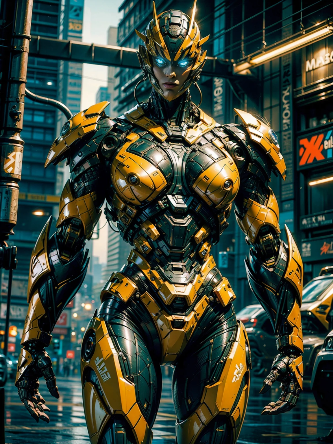 megan fox), Cinematic, hyper-detailed, black muscles with neon veins, perfect muscular anatomy of a bald super muscular female android girl. Beautiful color grading, enhancing the overall cinematic feel. Unreal Engine renders her anatomic cybernetic muscle suit to life; mesmerizing. With depth of field (DOF), every detail is focused and accentuated, drawing attention to her eyes and the intricate design of the anatomic cybernetic muscle suit . Max image resolution, using super-resolution technology to ensure pixel perfection. Cinematic lighting enhances her aura, while anti-aliasing techniques like FXAA and TXAA keep the edges smooth and clean. Realistic raytracing with RTX technology for perfect rendering of the anatomic cybernetic muscle suit. Additionally, SSAO (Screen Space Ambient Occlusion) gives depth and realism to the scene, the girl's anatomic cybernetic muscle suit become even more realistic. In the post-processing and post-production stages, tone mapping enhancement creates a captivating visual experience. The integration of CGI (Computer-Generated Imagery) and VFX (Visual Effect brings out the anatomic cybernetic muscle suit's intricate features seamlessly. Incredible detail with, with intricate hyper maximalist and hyper-realistic elements meticulously crafted into the artwork. Volumetric effects add depth and dimension, with unparalleled photorealism. 8K image resolution render, ensuring super-detailed visuals. The volumetric lightning adds a touch of magic, highlighting her beauty and the aura of her anatomic cybernetic muscle suit in an otherworldly way. High Dynamic Range (HDR) technology makes the colors pop, adding richness to the overall composition. Ultimately, this artwork presents an unreal portrayal of a super muscled cybernetic female android