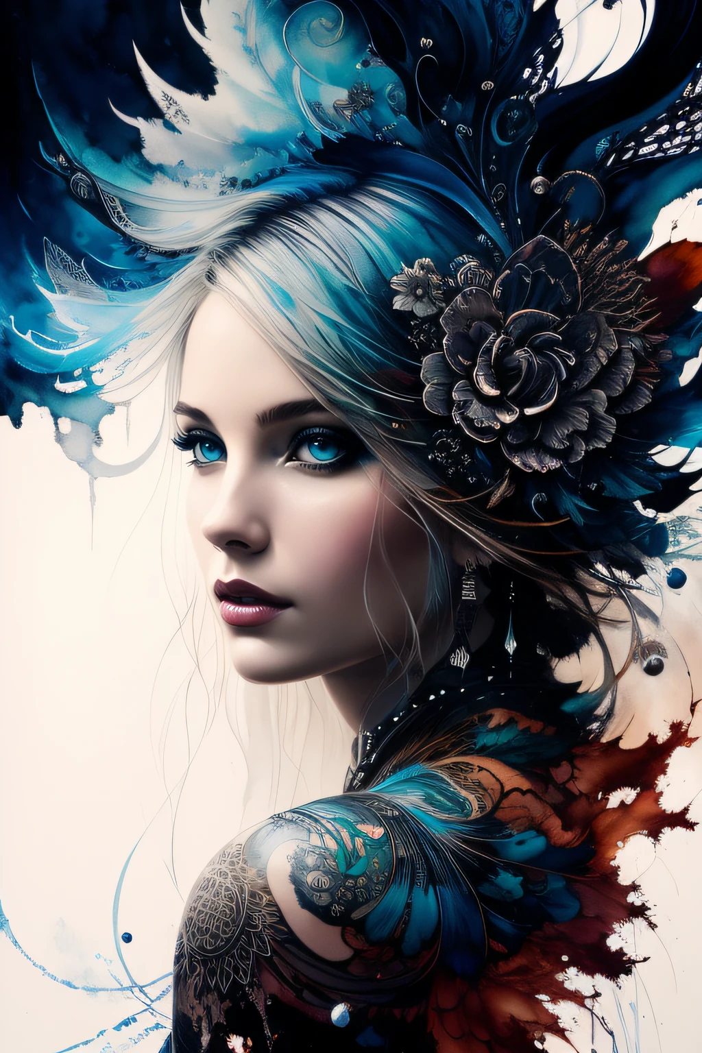 Colorful beautiful woman: Black ink flow: 8k resolution photorealistic masterpiece: by Aaron Horkey and Jeremy Mann: intricately detailed fluid gouache painting: by Jean Baptiste Mongue: calligraphy: acrylic: watercolor art, professional photography, natural lighting, volumetric lighting maximalist photoillustration: by marton bobzert: 8k resolution concept art intricately detailed, complex, elegant, expansive, fantastical