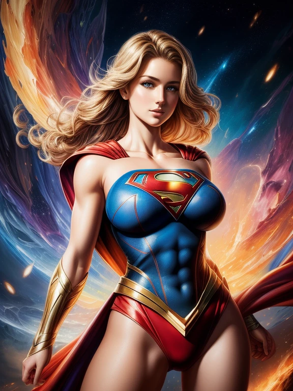 (Best Quality, masterpiece, ultra-detailer, 16K resolution, Extremely detailed), Abstract expressionist painting "Hyperion", Supergirl (gigantic breasts:1.3), tarot card, Digital Painting, character concept art portrait, catastrophe,
