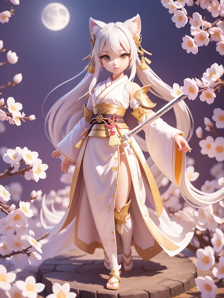 master-piece、最高品質、lots of details、(Esbian Full Body:1.2)、chibi、white fox beastman、((Male Man1person))、samurai、S Armor、(Detailed Japanese sword)、(cherry blossoms)、lamp、Moon Night、moon light、3d rendered、Q typing style