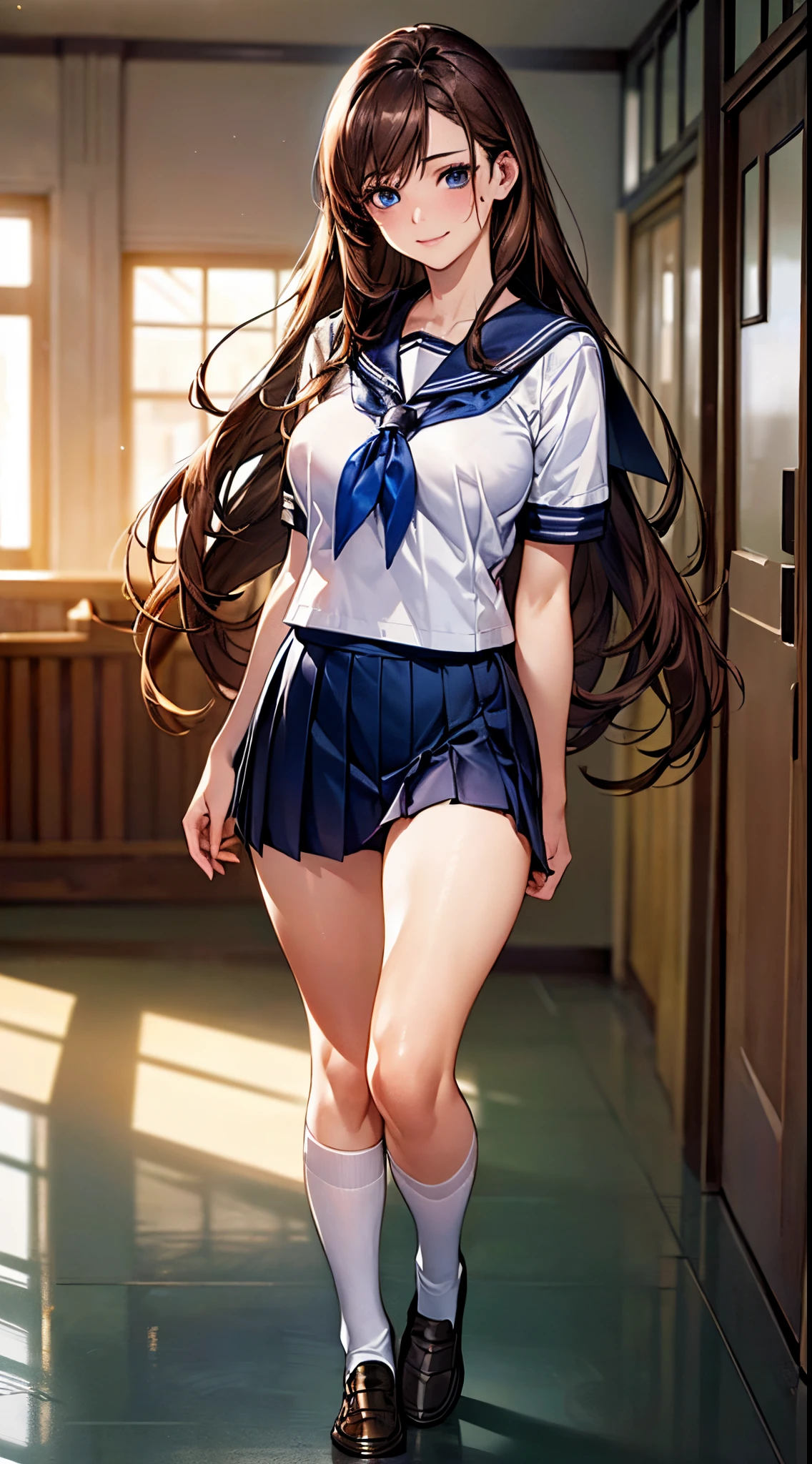 (((perfect anatomy, anatomically correct, super detailed skin))), 1 girl, japanese, high school girl, from front, shiny skin, watching the viewer, 
detailed hair, detailed face, detailed eyes, (long hair:1.5, brunette hair:1.7), bangs, hair between eye, light brown hair, blue eyes, babyface, mole under eye, lip gloss, 
beautiful clavicle, beautiful body, beautiful breasts, large breasts:0.5, beautiful thighs, beautiful legs, camel toe, 
((detailed cloth texture, short sleeves, all dark blue cute sailor suit, dark blue pleated skirt, dark blue sailor collar, red sailor scarf, white socks, brown loafers)), white panties, seductive thighs, 
(beautiful scenery), summer, school hallway, smile, walking, 
(8k, top quality, masterpiece​:1.2, extremely detailed), (realistic, photorealistic:1.4), beautiful illustration, natural lighting,