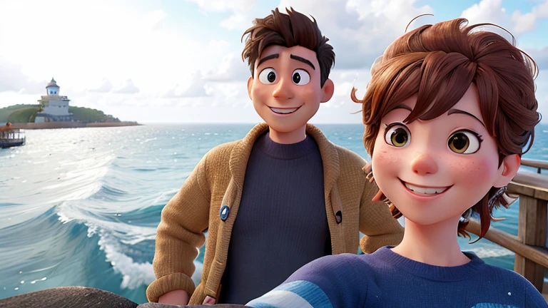 smiling couple taking selfie on pier with ocean in background, on the ocean, at the sea, on the sea, ocean in the background, on the ocean water, the ocean in the background, ayanamikodon and irakli nadar, in the ocean, in the middle of the ocean!!!!!, in the sea