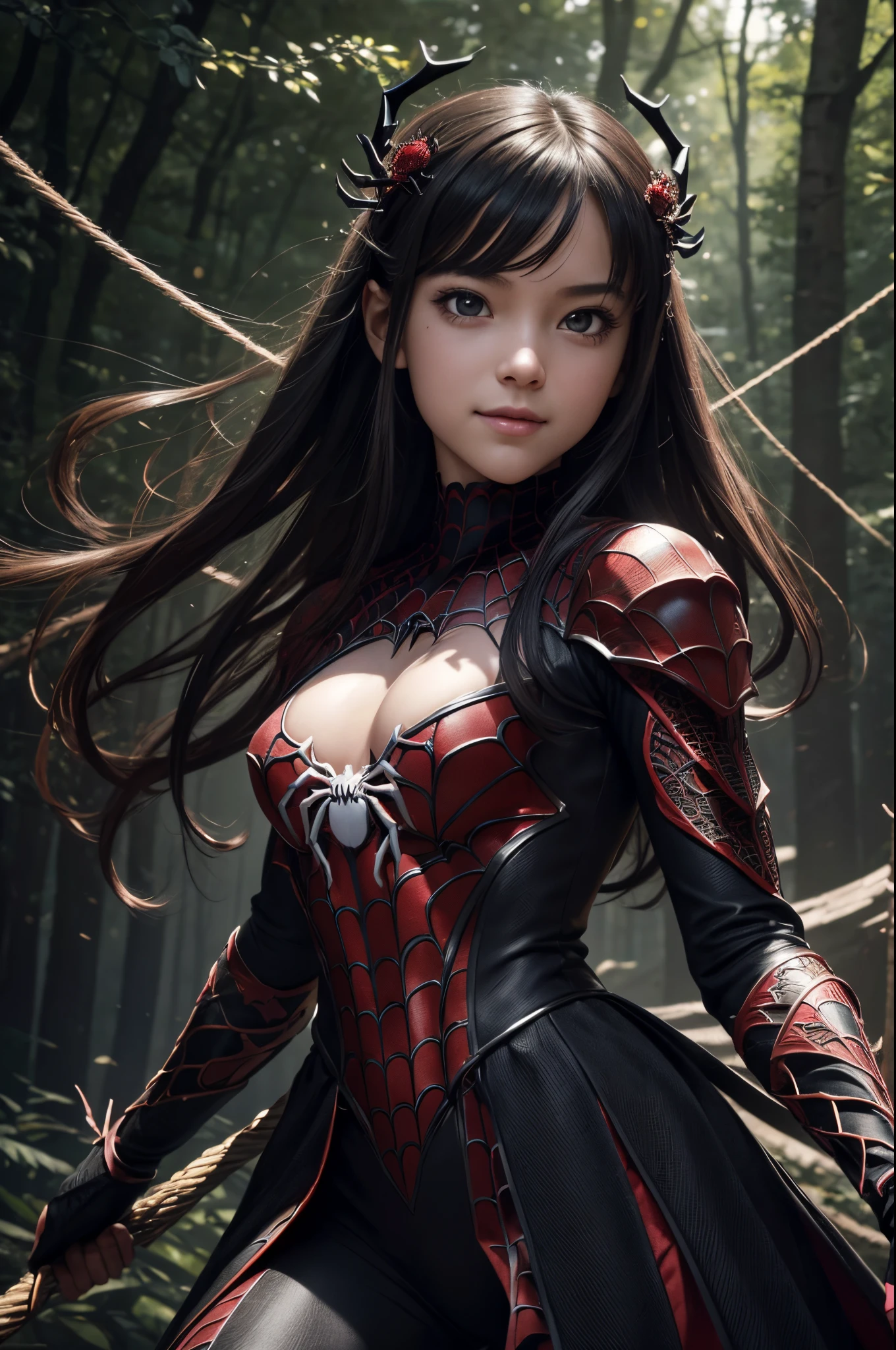 8K,((Best Quality)), ((masutepiece)), ((Realistic)), personification of a young spider, 10years old girl, artistic anatomic hands, Artistic anatomy, Black eyes, Female face, , Trending on ArtStation, Sharp Focus, studio, Intricate details, Very detailed, Detailed eyes, Illustration, Very detailed, Sharp Focus, a digital rendering, Professional, 8K Beautiful expression 超A high resolution very small breasts,real looking skin,spider dress,gorgeous dress,Mischievous smile,spider-shaped hair ornament,Spider crest,Precise heraldic work,10years old girl,combat scene,action scene,realistic combat,actionpose,In the dimly lit forest,many big spider webs,