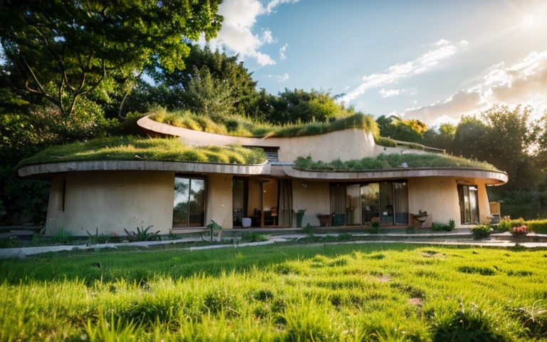 A photograph of a symmetrical contemporary house with a buttress wall (((one hyperbolic paraboloid green roof))) and (((biological pool))) and ((base stone wall foundation)) in a tropical backyard, mustard yellow terracota plaster walls (((rustic clay stucco))), ((corner walls rounded)), (((higth walls))) ((rustic clay plaster)), (((terracotta walls with rounded corners, organic curves and squared))), (((rustic earth plaster, mud))), (((hyperbolic-shaped green roof with wooden edge))), (((wooden roof structure, wooden rake, wooden fascia board))), eaves, ((roof with wooden structure)), In Bahia (((tropical garden))), ((natural houses, organic buildings, organic architecture)), ecovillage, sustainable architecture, bioconstruction architecture, solarpunk architecture, (((grass roof, green roof, green wave roof, rounded roof, vegetated roofs))), (((rock base foundation wall, foundation height 30cm, stone base wall 30cm high))), ((green architecture)), passive house, clear sky in the background, painful beauty, modern, imposing, green house, ((Bali hobbit Hadid Style)), super resolution, cinematic, color grading, editorial photography, photography, photo shoot, (((dramatic front eye top angle view))), O 50mm, depth of field, intricate details, natural colors, sharp focus, warm light, shutter speed 1/1000, F/22, White Balance, Ray Trace Reflections, Lumen Reflections, Screen Space Reflections, Diffraction Rating, Chromatic Aberration, GB Shift, Partial Lighting, Backlighting, Daylighting, Scan Lines, ambient occlusion, antialiasing, shaders, OpenGL-Shaders, GLSL-Shaders, Post-processing, post-production, shading, tone mapping, incredibly detailed and complex, hypermaximalist, elegant, hyperrealistic, super detailed, dynamic pose, Fujifilm XT