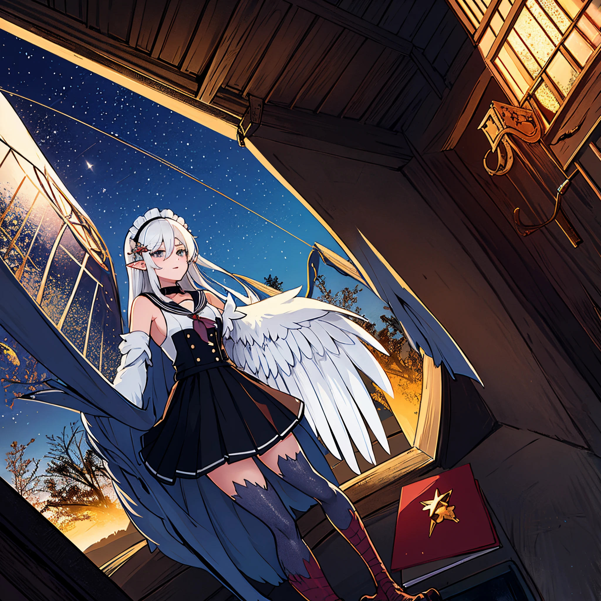 Ark of tomorrow style，finely quality eyes，good eyes looking，blue eyes，solo person，Ark of Tomorrow, black leggings, Starry sky,clusters of stars,Ray tracing,{Best quality}, {{Masterpiece}}, {A high resolution}, Original, Extremely detailed 8k wallpaper, {An extremely delicate and beautiful},,incredibly_absurderes,Colorful,intricately details,art book,,incredibly_absurderes,Ray tracing,Perspective,Wide shot,Overall view,,A high resolution,Game CG,long_Hair,harpy wings,White_Hair/White_Eyes,Detail fingers,pigeon-toed,Pout,Blush,Eyes visible through hair,off-shoulder sweater,White_wind coat,Superskirt,White pantyhose,White wing,(((long white hair)))，reaching out her hands，W cut sitting position，(((a black trench coat)))，(((white sailor collar)))，White pupillack hairpin，Post-industrial buildings，4K，Master picture quality，Texture，Ark of tomorrow style，On the ground lay the West Sword，eventide，Blood-red sunlight，((((Short black skirt))))，black sneaker shoeull bodyesbian，long and flowing hair，Smiling，Squint，The ultimate in facial depiction，The ultimate body depiction，The ultimate hair depiction ，There are lanterns on the ground， shy，in a panoramic view，The ultimate scenario description，Pout,Beautiful_face,Beautiful detailed eyes,One eye white,Earphone,Beautiful detailed sky,reflective light,Ray tracing，Sunlight,(Maid dress),dark blue shirt,beautiful detailed water,Beautiful detailed sky,god light,depth of fields,Normal body，Normal posture，Front view，Absolutely good light and shadow，Detailed sky，baiyun，the sunset，(((城市，starlights，rios，darkly))).{Best quality}, {{Masterpiece}}, {A high resolution}, Original, Extremely detailed 8k wallpaper, {An extremely delicate and beautiful},,Ray ,{Best quality}, {{Masterpiece}}, {A high resolution}, Original, Extremely detailed 8k wallpaper, {An extremely delicate and beautiful},,incredibly_absurderes,Colorful