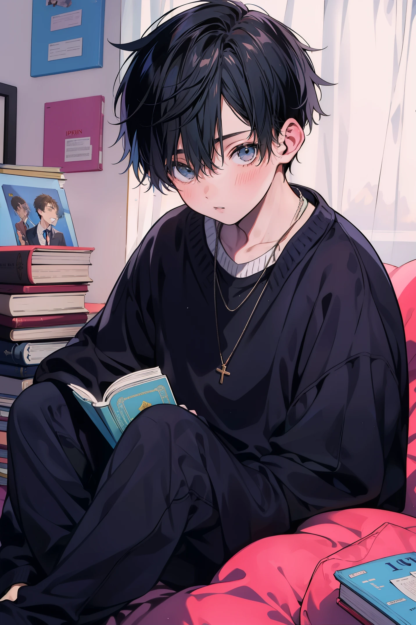 Um e lendo um livro, pensativo em um quarto escuro