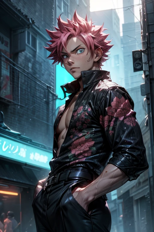 Outdoors, Natsu Dragneel as a mature male, wearing black and red floral shirt, wearing black dress pants, blue eyes, glowing eyes, short hair, grey skin, club environment, night, blue neon signs, 8k, Unreal engine, highly detailed, photorealistic, fiery pink hair, Natsu Dragneel male character