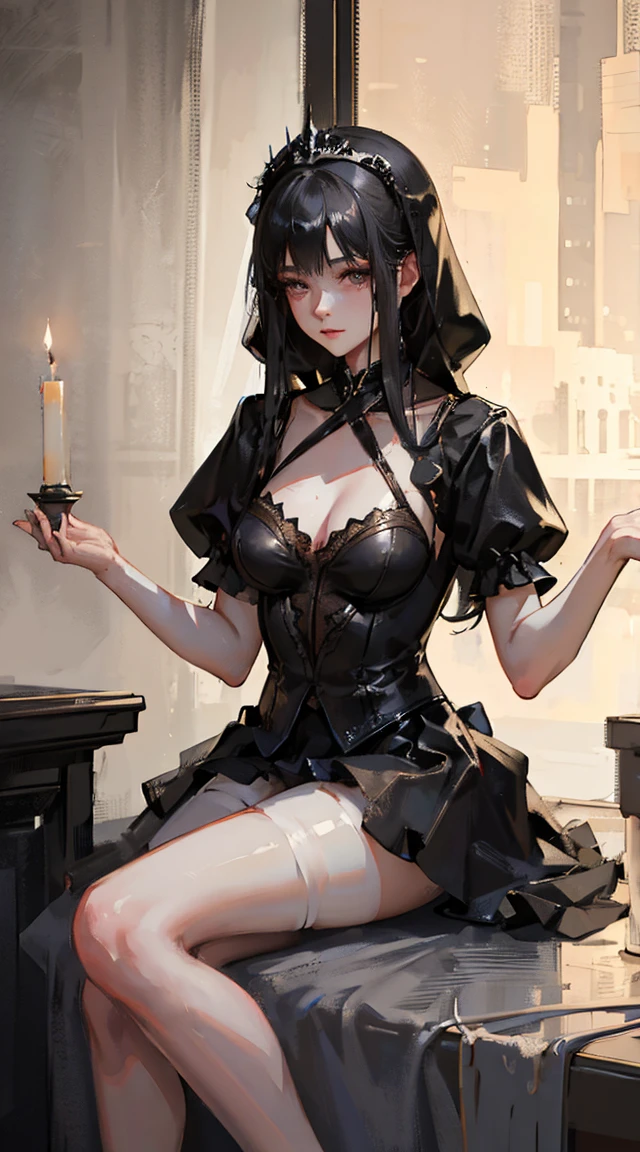 a ballerina doused in oil holds a candle in her hand a hooded mask in a black tutu stands on pointe shoes in full height photorealism photorealism very high quality shooting ultra hd 8k detail Octane Render