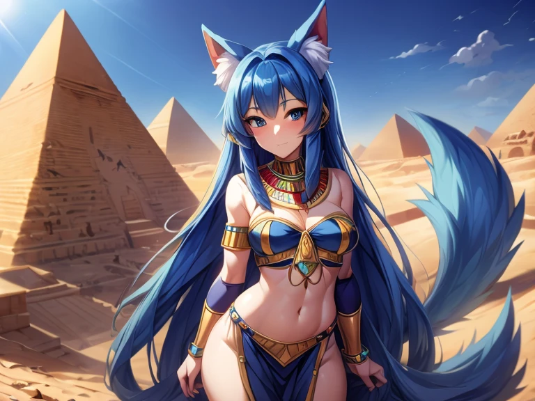 (tmasterpiece) (high detal) (A high resolution) a humanoid girl，pale-skinned，eBlue eyelue long hair，Blue dog earig fluffy dog tail，larger. She was standing in the desert in front of the pyramids wearing the clothes of an Egyptian pharaoh..