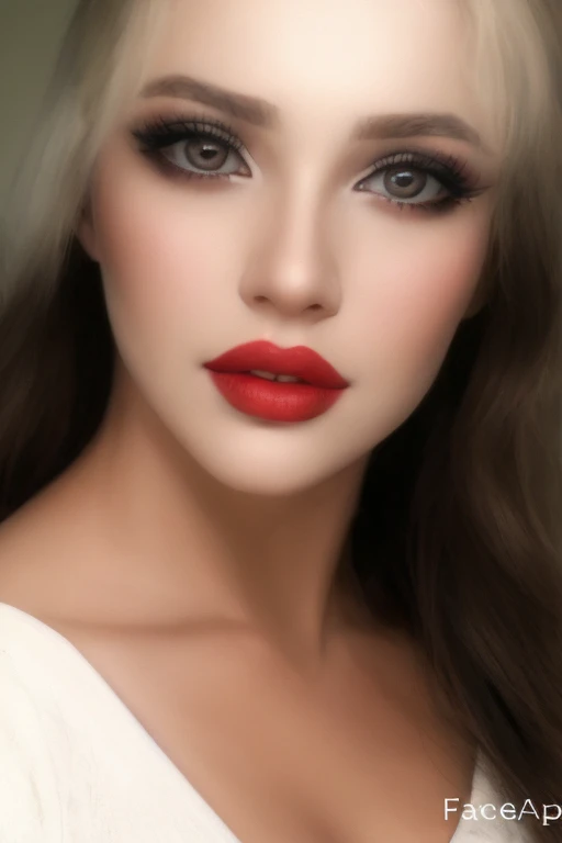 arafed woman with long hair and red lipstick posing for a picture, detailed face with red lips, light-red lips, wide golden eyes and red lips, red lips, faint red lips, sexy face with full makeup, sultry digital painting, beauty portrait, sexy red lips, big eyes and lips, photorealistic beautiful face, gorgeous face portrait
