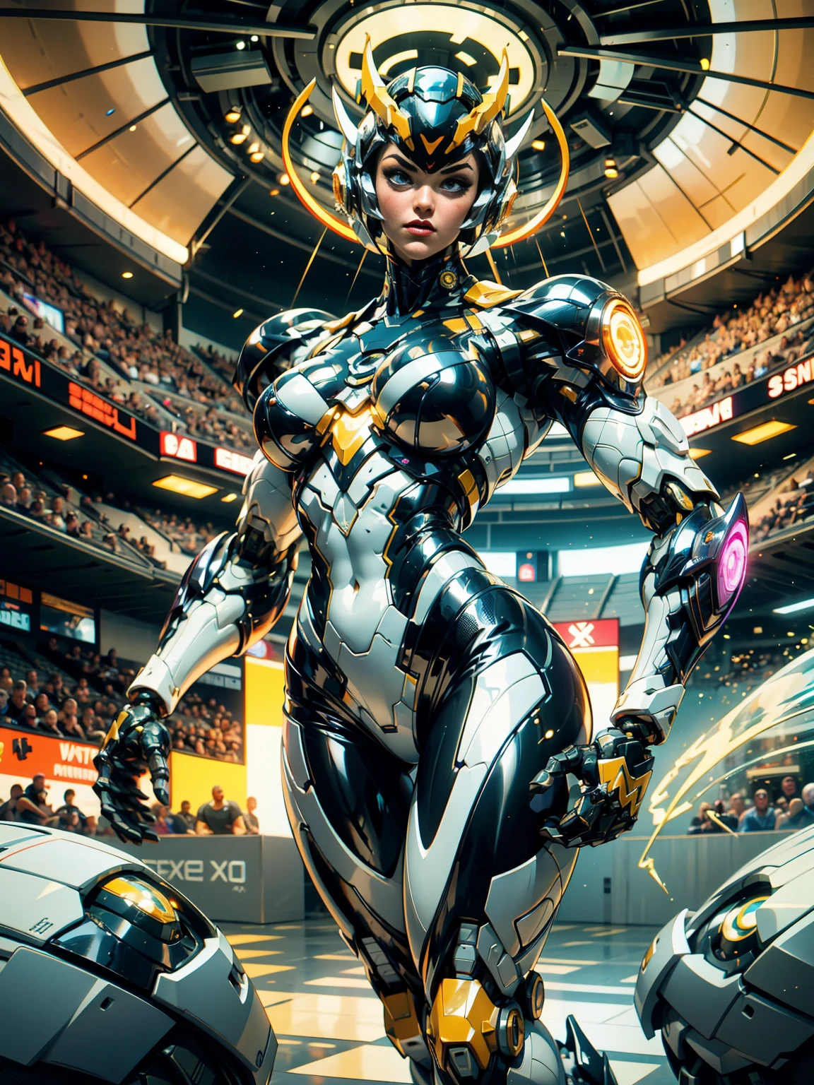 megan fox), Cinematic, hyper-detailed, black muscles with neon veins, perfect muscular anatomy of a bald super muscular female android girl. Beautiful color grading, enhancing the overall cinematic feel. Unreal Engine renders her anatomic cybernetic muscle suit to life; mesmerizing. With depth of field (DOF), every detail is focused and accentuated, drawing attention to her eyes and the intricate design of the anatomic cybernetic muscle suit . Max image resolution, using super-resolution technology to ensure pixel perfection. Cinematic lighting enhances her aura, while anti-aliasing techniques like FXAA and TXAA keep the edges smooth and clean. Realistic raytracing with RTX technology for perfect rendering of the anatomic cybernetic muscle suit. Additionally, SSAO (Screen Space Ambient Occlusion) gives depth and realism to the scene, the girl's anatomic cybernetic muscle suit become even more realistic. In the post-processing and post-production stages, tone mapping enhancement creates a captivating visual experience. The integration of CGI (Computer-Generated Imagery) and VFX (Visual Effect brings out the anatomic cybernetic muscle suit's intricate features seamlessly. Incredible detail with, with intricate hyper maximalist and hyper-realistic elements meticulously crafted into the artwork. Volumetric effects add depth and dimension, with unparalleled photorealism. 8K image resolution render, ensuring super-detailed visuals. The volumetric lightning adds a touch of magic, highlighting her beauty and the aura of her anatomic cybernetic muscle suit in an otherworldly way. High Dynamic Range (HDR) technology makes the colors pop, adding richness to the overall composition. Ultimately, this artwork presents an unreal portrayal of a super muscled cybernetic female android