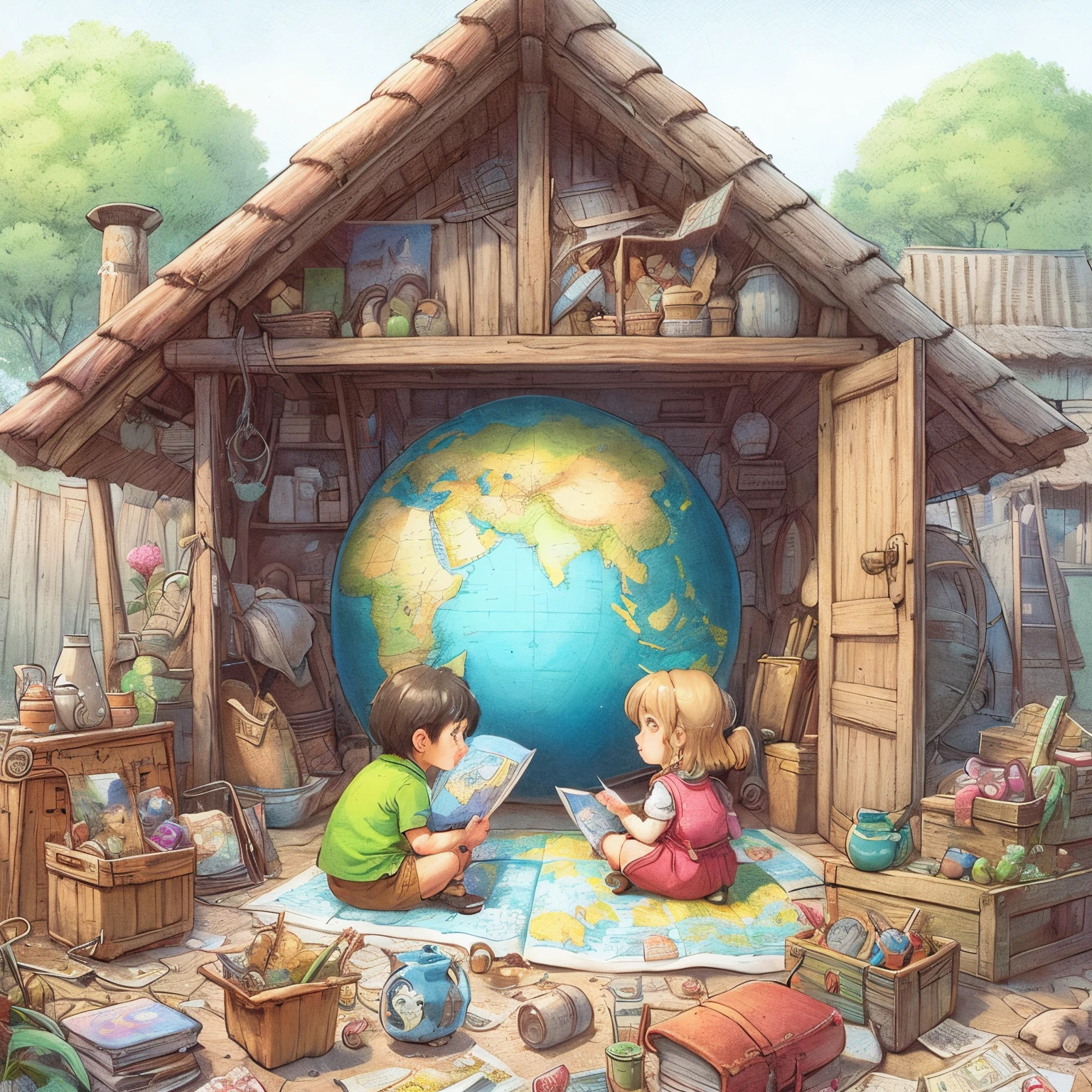 illustration of two children, sitting on the map in the hut, beautiful illustration, Artist Kubisi, World building, Kim Hwan Gi, yuumei, cute storybook illustration, cute detailed artwork, by Arthur Pan, cute detailed digital art, illustration for the encyclopedia, Wu Tooth, Yanagawa Nobusada, by Pablo Munoz Gomez