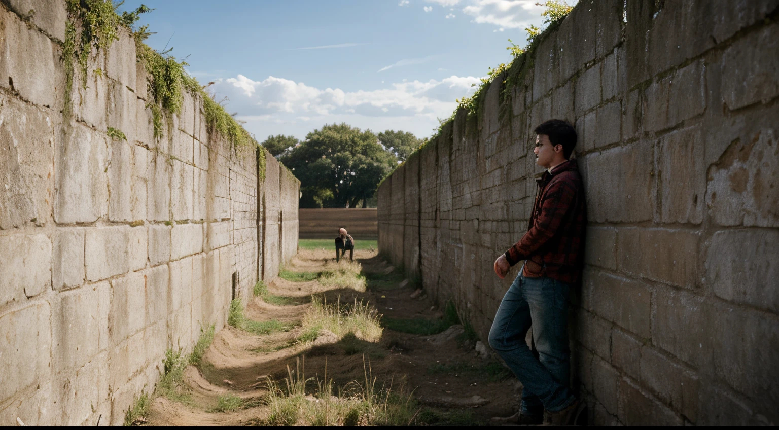 A young man relieves himself behind walls on agricultural land