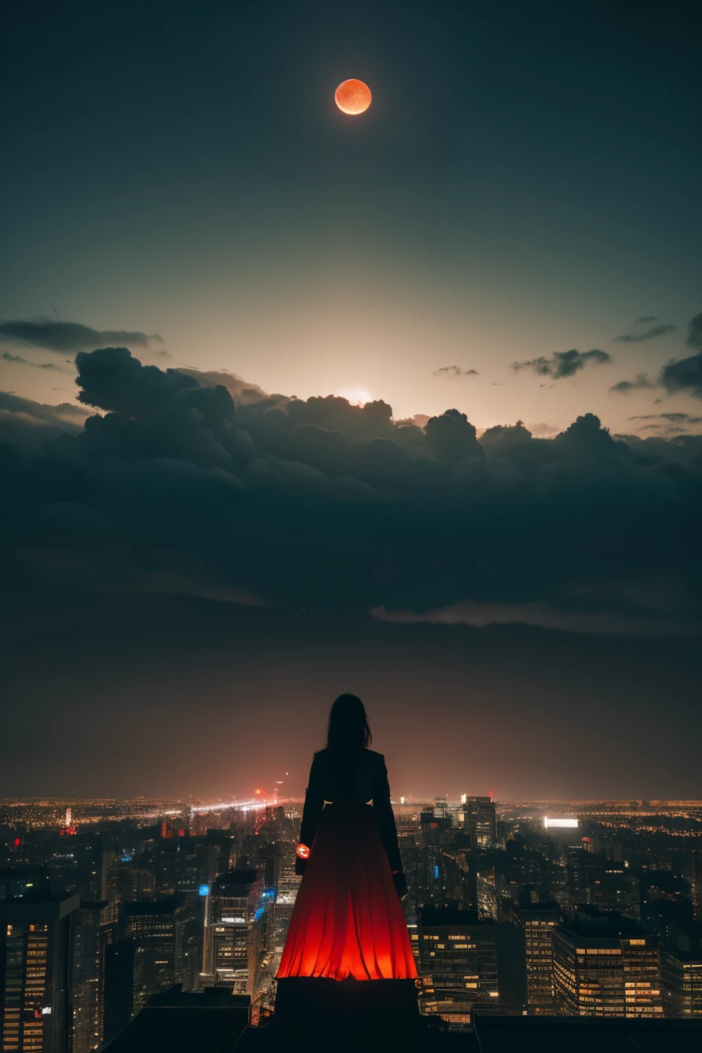 The images depict surreal and futuristic landscapes, A stunning combination of beauty and horror. The sky is deep, pulsating red, The dark clouds seem to be alive、moving. in distance, Great city view view, with tall skyscrapers, neonlight, and endless rows of buildings. The city is lit up with colors and displays, Add an overall feeling of awe and wonder. Sin embargo, There is also a sense of horror in the picture. Buildings and structures appear to be in a state of decay and disrepair, Broken windows, missing part, and cracked facades. The city is vibrant, But there is a sense of confusion and unease, It seems that something is wrong. At the front desk, There is a huge one, Sentient beings, Distorted and inhuman appearance. Objects are made of wires, circuit, and mechanical parts, It seems to come out of the ground, As if rising from the depths of the earth. Its eyes are shining with intense light, red lights, Its mouth is open, Exposing rows of sharp, Metal teeth. The background is shrouded in darkness, Only a few, Dim lights are visible in the distance. There is a sense of the unknown and uncertainty, As if the world beyond the cityscape is vast and vast. This photo captures the essence of the surreal and futuristic world, A stunning combination of beauty and horror. The images are visually stunning, it takes on a new、Unusual way of showing the world, A mixture of the familiar and the unknown. High-detail RAW color art, animated cartoon, slice, (white theme), (intricately details, finely detailled, the ultra-detailed), Ray traching, Scattered colors underground)), Diffuse soft light, shallowdepthoffield, elapse (Oliver Waianley Kubrick, Shot with a Canon EOS R5, 28mm lens, F/2.8, Sharp focus bokeh sky with blood moon