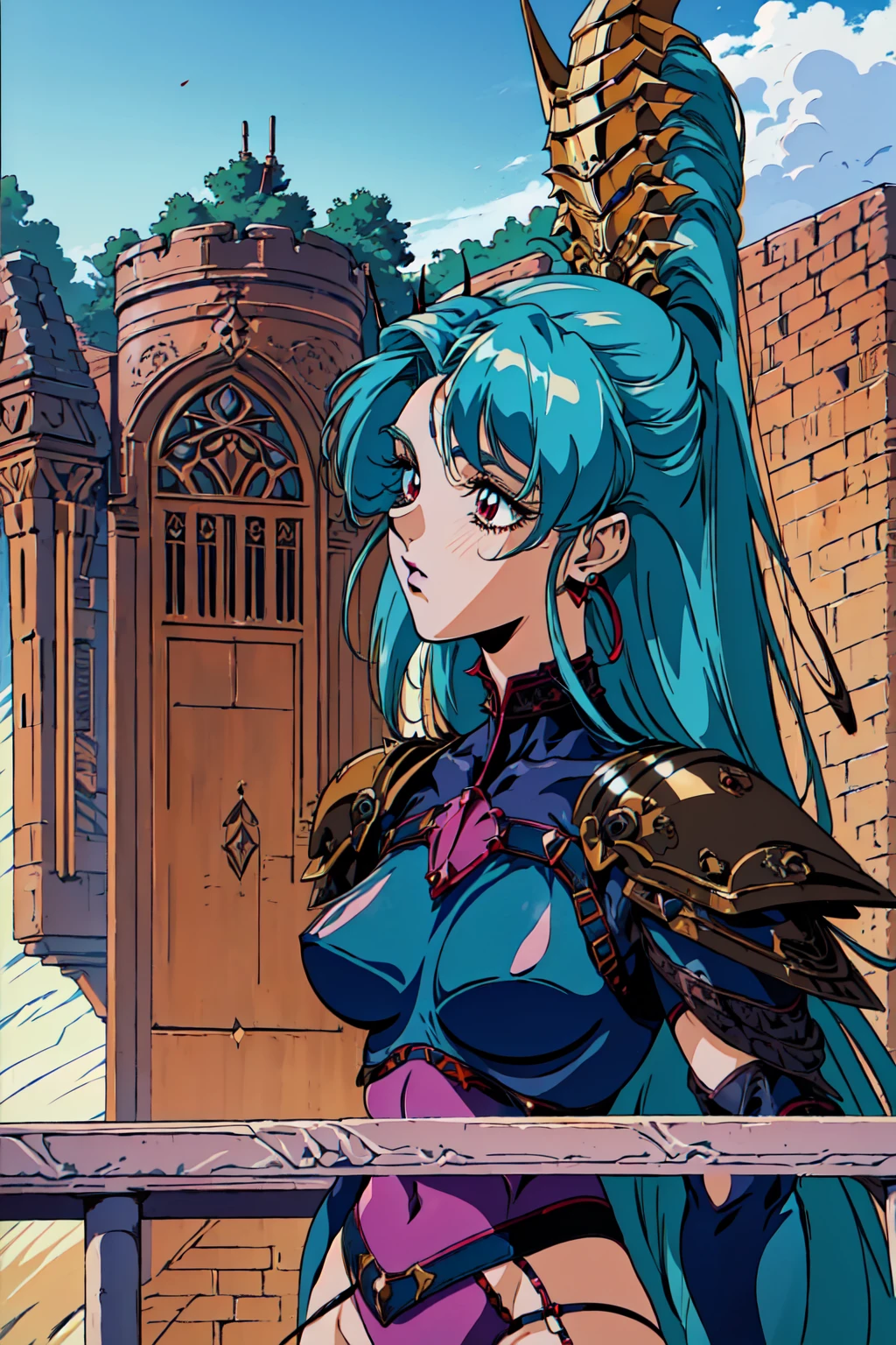 "(masterpiece:1.1), best quality, 
1girl, (80s anime style:1.3), (eyelashes:1.5), (****:1.2), 
(intricate high detailed body:1.2), 
(aqua hair:1.1), (hair slicked back:1.2), (long hair, twin bun:1.1), (demon horns:1.2), 
red eyes, (lip stick:1.3), 
(slim body:1.1), (large breasts:1.1), 
(expressionless:1.2), 
(see-through cloth leotard armor, criss-cross halter:1.2), (garter belt:1.2), 
(spiked knight armor, armored boots:1.2), (fur:1.1), (hoop earrings:1.1), bracelet, 
standing, leaning forward, 
(upper body, cowboy shot, looking at viewer, from front:1.1),
(daytime, grassland, outdoors:1.1)"