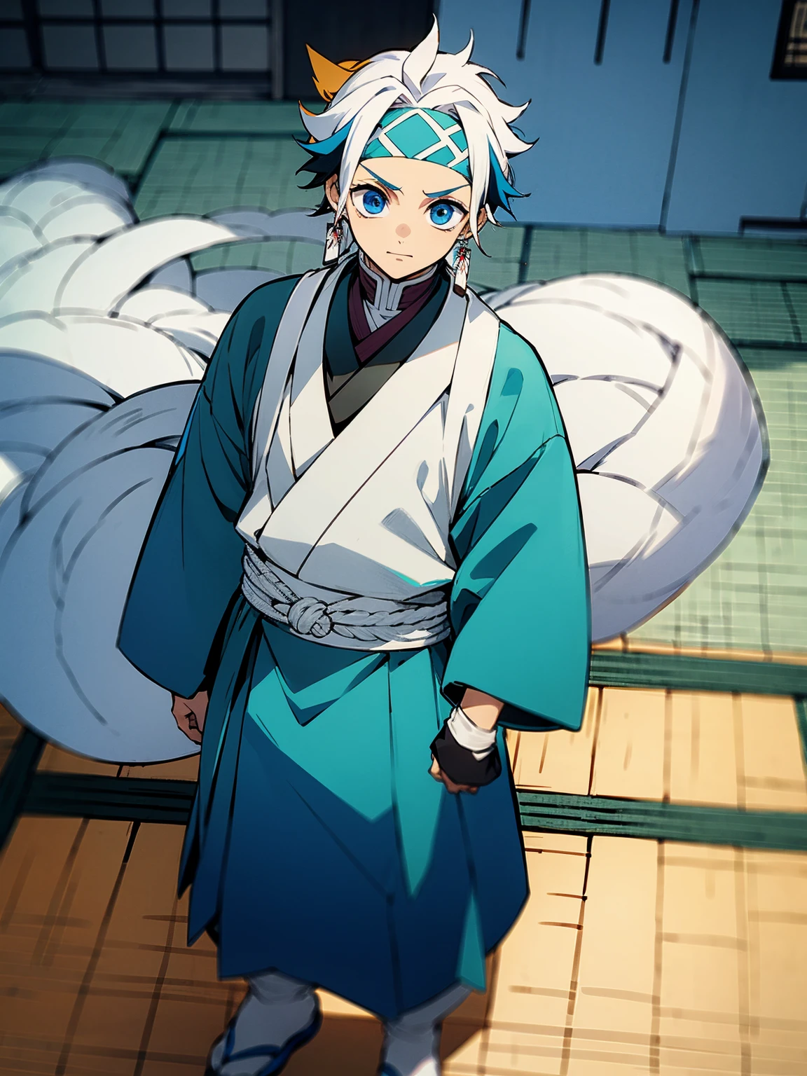 1male, multicolored hair, two-toned hair, blue and white hair, headband, blue eyes, earring, demon slayer outfit, mizunoto, standing on path, traditional japanese home, happy