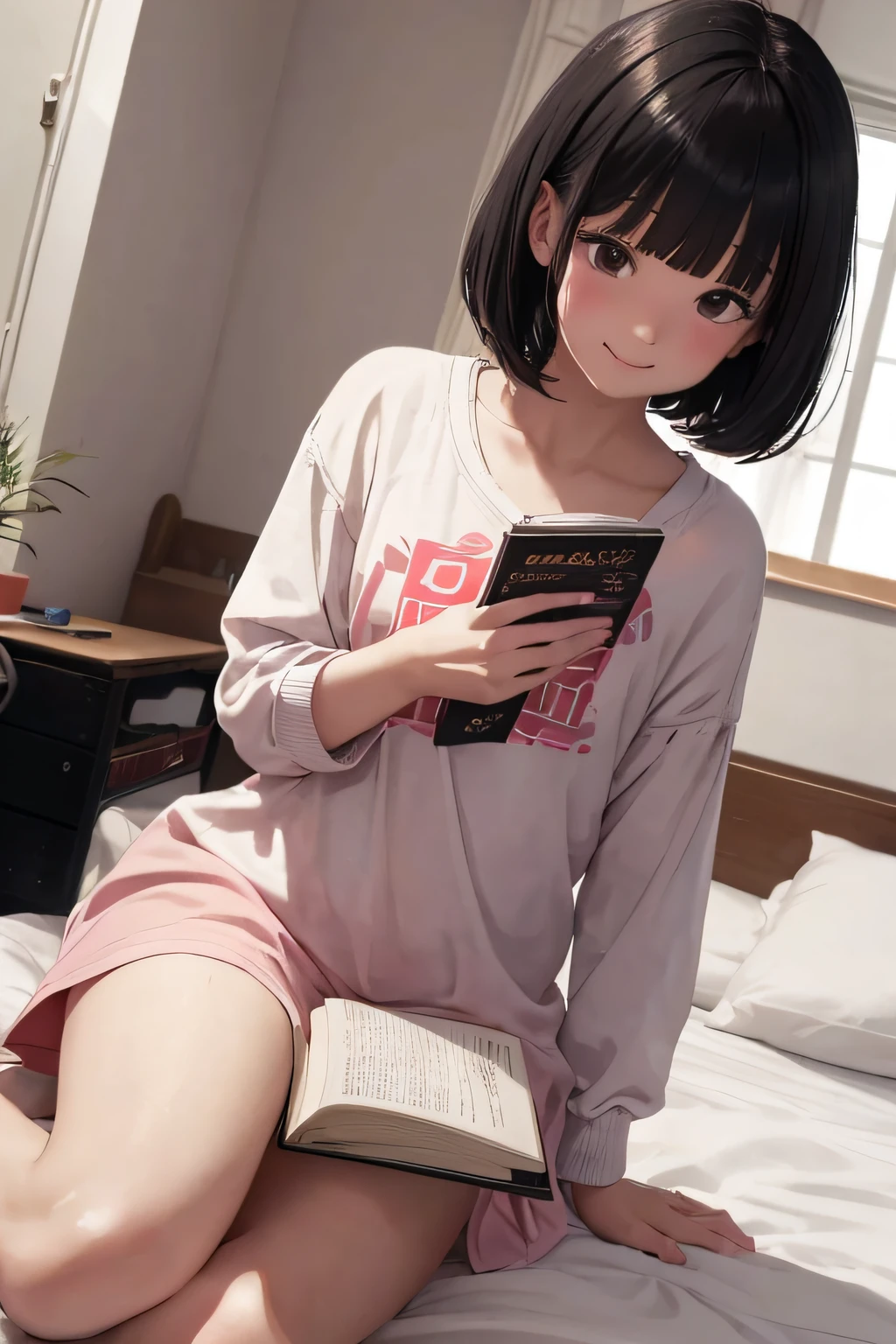 {{{{{{Physical education sitting、girl holding an open book in her hand}}}}}}、A dark-haired、Black eye、Bob cut hairstyle with even ends、Cut the bangs parallel to each other、 Girly plain clothes、tiny chest、Happy smile、Laughing mouth、red tide、 {{{{{{Background is a girl's room}}}}}}、floral pink wallpaper、White carpet、Clean room、new furniture、hight resolution、Unity 8k壁纸、Professional、extra detailed face、Perfect Lighting、 extremely details CG、(Perfect hands、Perfect Anatomy)、Serious girl、Quiet girl、View the book