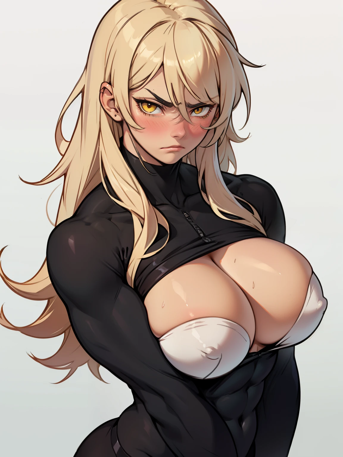 girl muscles big breasts pale skin black long hair yellow eyes sad blushing solo frown