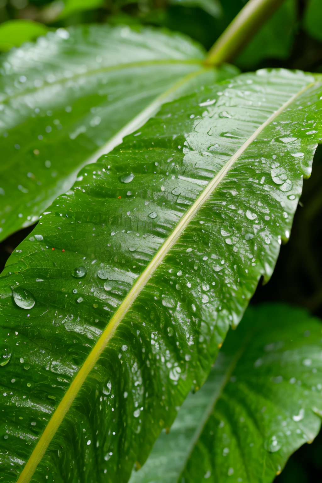 Closeup a Leaves:100%, at a deep jungle after rain, wet, mystic, morning, (reallistic:1.2), (masterpiece, best quality, high quality, highres), raw, bokeh, sharp focus , photo realistic, realism, UHD, (masterpiece), detailed skin texture, (blush:0.5), (goosebumps:0.5), subsurface scattering