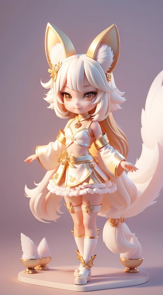 Fluorescent lens flare，cute fox makeup，fluffy little fox，white feathers，Thin waist, narrow waist，fox ears，paw shoes，Kawaii appearance，Flat chested little sister，Sleek，Smile，Navy hair，Golden Disciple.。Interesting 3D vector art。