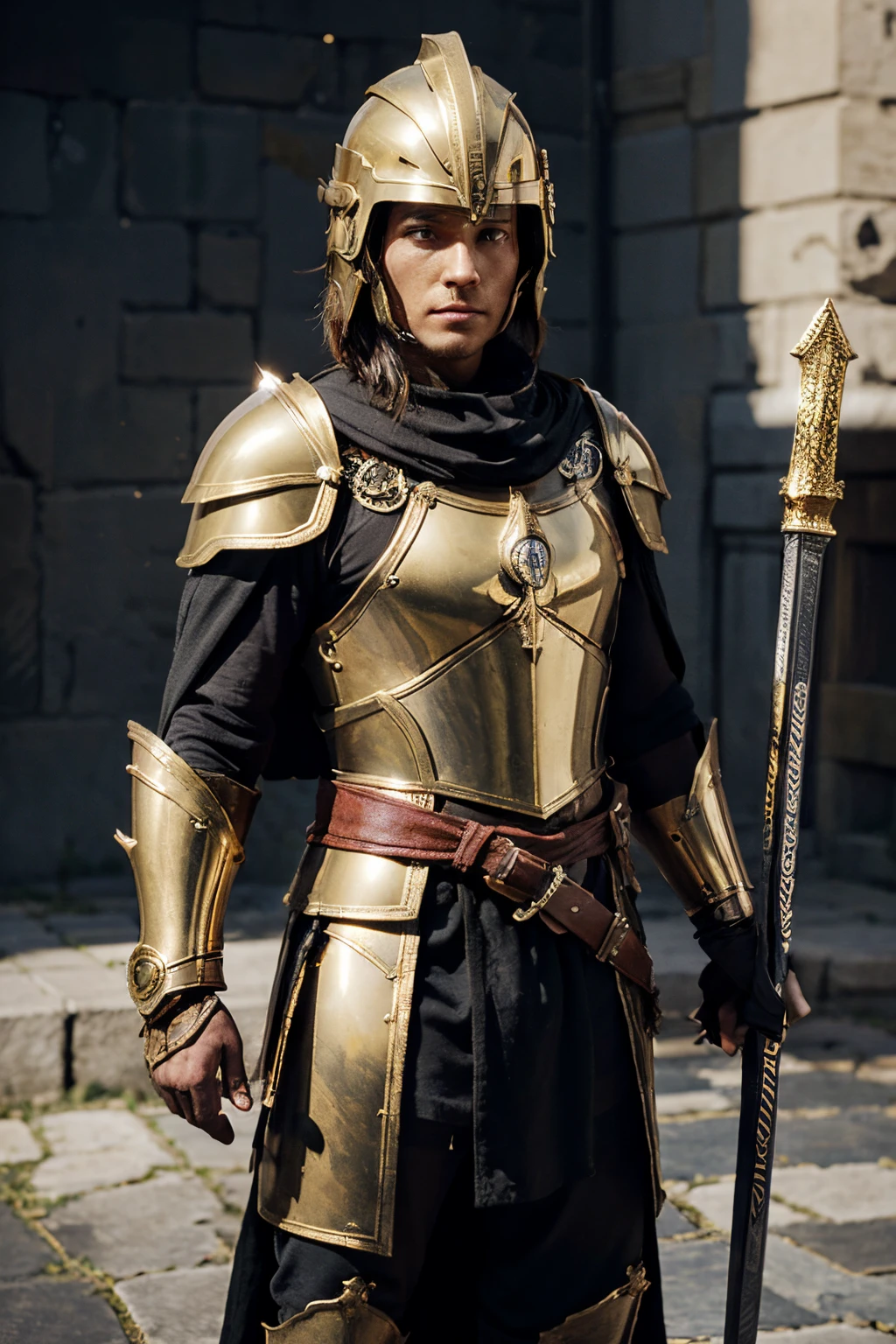 The Golden Guardian, a symbol of righteousness and truth, wears armor made of primeval gold, which is characterized by a golden color and black cracks. The Guardian's armor is not very massive, it is rather light armor, the helmet resembles a Spartan helmet but with a lowerable visor, a scabbard with a sword hangs on the left side, the Guardian also has shields and spears, the helmet is decorated with a short red plume, the shoulder straps are decorated with two symbols representing the Golden Guard , the armor is complete with a red cape made of good material, slightly waving in the wind.