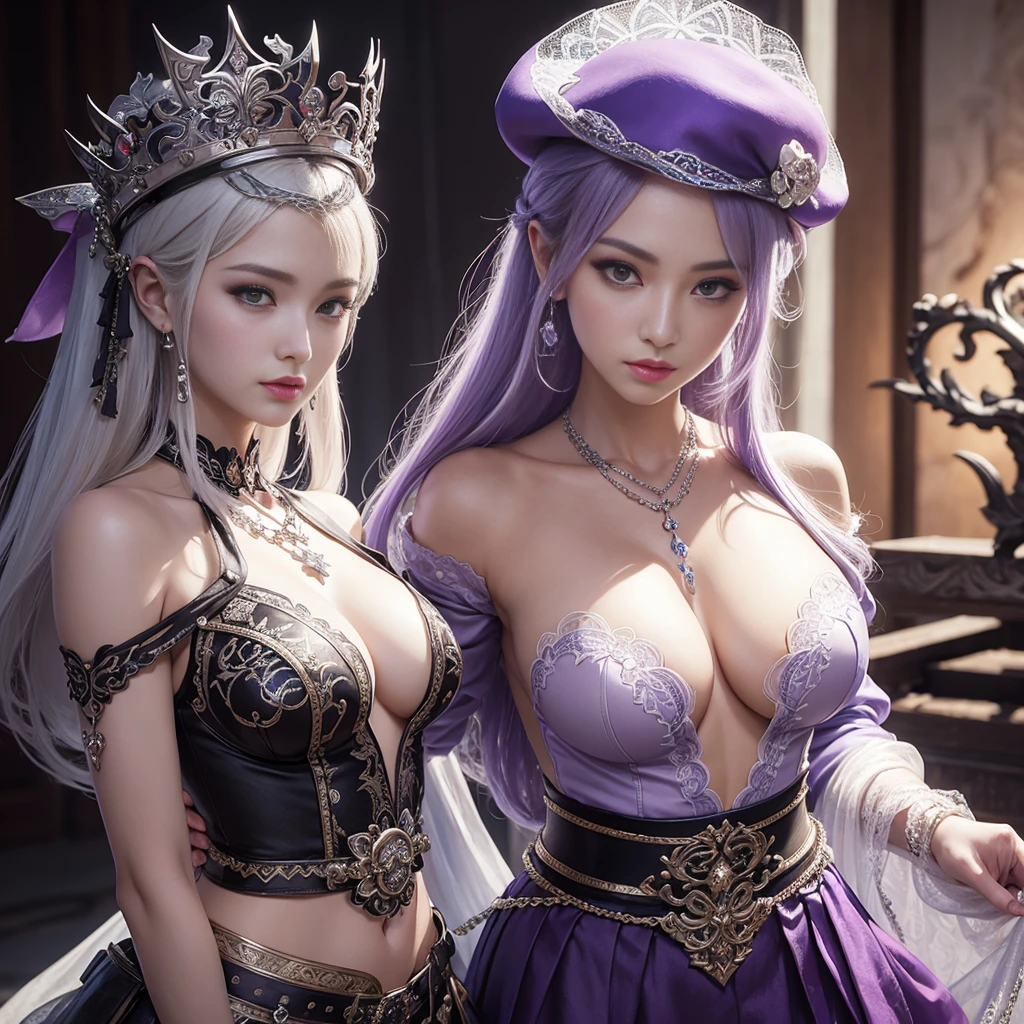 Sexy Transparent White Gold Low Cut Lace Armor Cleavage(skull embroidery)、Close-up of a woman holding a skull, beret, Violet Necklace, Chain Belt , Show off your slender abs, Beautiful Fantasy Emperor's Fantasy Emperor Heavenly Magician, beautiful character painting, full-body xianxia, portrait knights of zodiac girl, by Yang J, G Liulian art style, Fantasy Art Style, foreshortening、Skirt Lift Up、Bewitching look