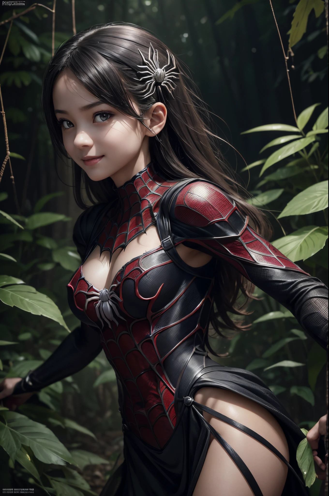 8K,((Best Quality)), ((masutepiece)), ((Realistic)), personification of a young spider, 10years old girl, artistic anatomic hands, Artistic anatomy, Black eyes, Female face, , Trending on ArtStation, Sharp Focus, studio, Intricate details, Very detailed, Detailed eyes, Illustration, Very detailed, Sharp Focus, a digital rendering, Professional, 8K　Beautiful expression　超A high resolution　very small breasts,real looking skin,spider dress,gorgeous dress,Mischievous smile,spider-shaped hair ornament,Spider crest,Precise heraldic work,10years old girl,combat scene,action scene,realistic combat,actionpose,In the dimly lit forest,many big spider webs,