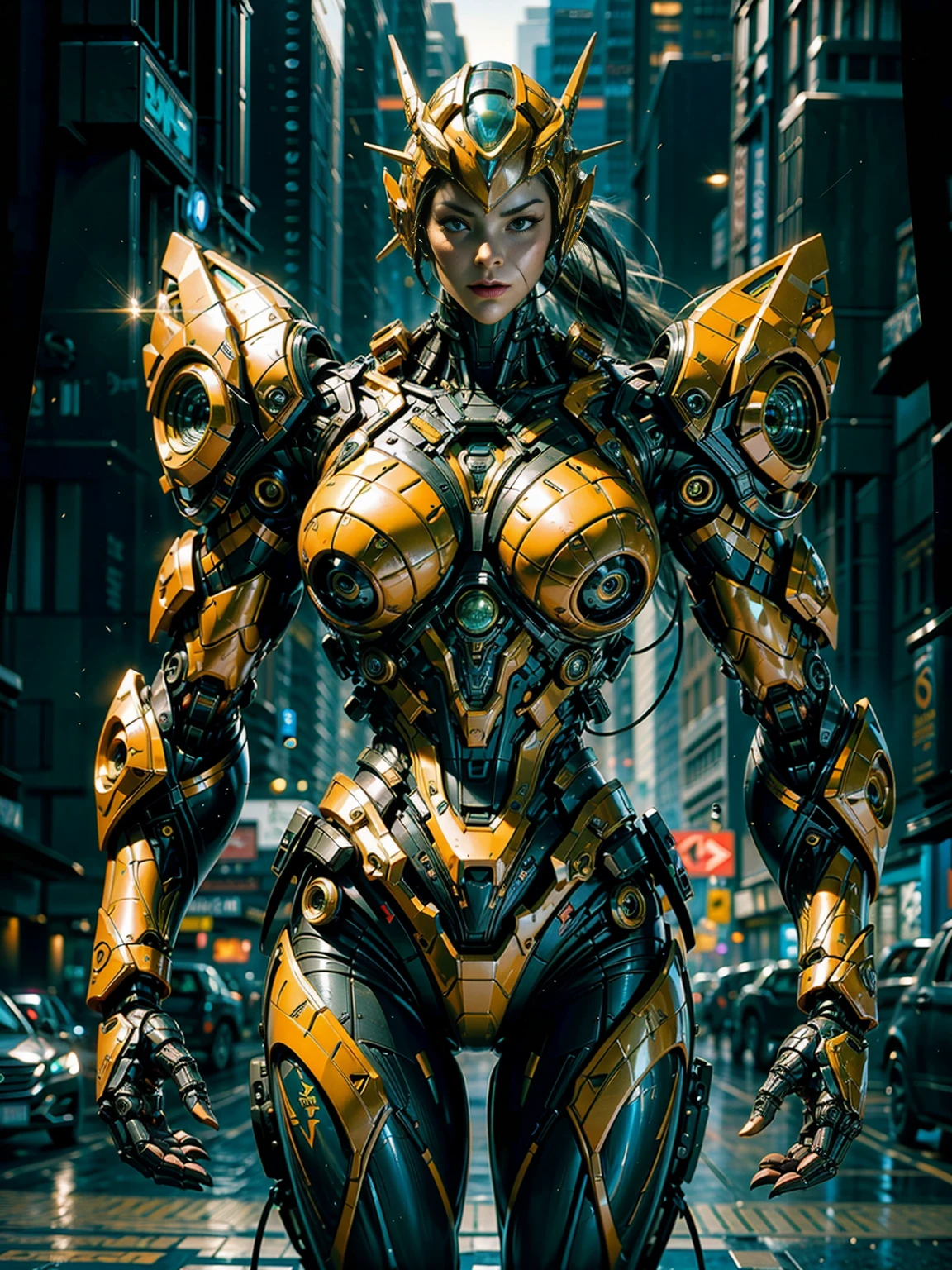 megan fox), Cinematic, hyper-detailed, black muscles with neon veins, perfect muscular anatomy of a bald super muscular female android girl. Beautiful color grading, enhancing the overall cinematic feel. Unreal Engine renders her anatomic cybernetic muscle suit to life; mesmerizing. With depth of field (DOF), every detail is focused and accentuated, drawing attention to her eyes and the intricate design of the anatomic cybernetic muscle suit . Max image resolution, using super-resolution technology to ensure pixel perfection. Cinematic lighting enhances her aura, while anti-aliasing techniques like FXAA and TXAA keep the edges smooth and clean. Realistic raytracing with RTX technology for perfect rendering of the anatomic cybernetic muscle suit. Additionally, SSAO (Screen Space Ambient Occlusion) gives depth and realism to the scene, the girl's anatomic cybernetic muscle suit become even more realistic. In the post-processing and post-production stages, tone mapping enhancement creates a captivating visual experience. The integration of CGI (Computer-Generated Imagery) and VFX (Visual Effect brings out the anatomic cybernetic muscle suit's intricate features seamlessly. Incredible detail with, with intricate hyper maximalist and hyper-realistic elements meticulously crafted into the artwork. Volumetric effects add depth and dimension, with unparalleled photorealism. 8K image resolution render, ensuring super-detailed visuals. The volumetric lightning adds a touch of magic, highlighting her beauty and the aura of her anatomic cybernetic muscle suit in an otherworldly way. High Dynamic Range (HDR) technology makes the colors pop, adding richness to the overall composition. Ultimately, this artwork presents an unreal portrayal of a super muscled cybernetic female android