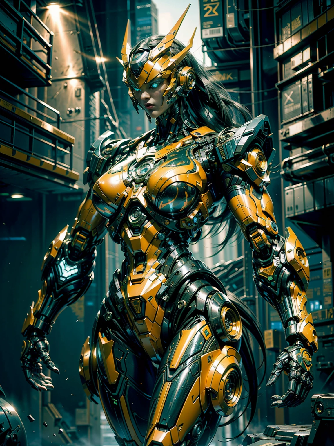 megan fox), Cinematic, hyper-detailed, black muscles with neon veins, perfect muscular anatomy of a bald super muscular female android girl. Beautiful color grading, enhancing the overall cinematic feel. Unreal Engine renders her anatomic cybernetic muscle suit to life; mesmerizing. With depth of field (DOF), every detail is focused and accentuated, drawing attention to her eyes and the intricate design of the anatomic cybernetic muscle suit . Max image resolution, using super-resolution technology to ensure pixel perfection. Cinematic lighting enhances her aura, while anti-aliasing techniques like FXAA and TXAA keep the edges smooth and clean. Realistic raytracing with RTX technology for perfect rendering of the anatomic cybernetic muscle suit. Additionally, SSAO (Screen Space Ambient Occlusion) gives depth and realism to the scene, the girl's anatomic cybernetic muscle suit become even more realistic. In the post-processing and post-production stages, tone mapping enhancement creates a captivating visual experience. The integration of CGI (Computer-Generated Imagery) and VFX (Visual Effect brings out the anatomic cybernetic muscle suit's intricate features seamlessly. Incredible detail with, with intricate hyper maximalist and hyper-realistic elements meticulously crafted into the artwork. Volumetric effects add depth and dimension, with unparalleled photorealism. 8K image resolution render, ensuring super-detailed visuals. The volumetric lightning adds a touch of magic, highlighting her beauty and the aura of her anatomic cybernetic muscle suit in an otherworldly way. High Dynamic Range (HDR) technology makes the colors pop, adding richness to the overall composition. Ultimately, this artwork presents an unreal portrayal of a super muscled cybernetic female android