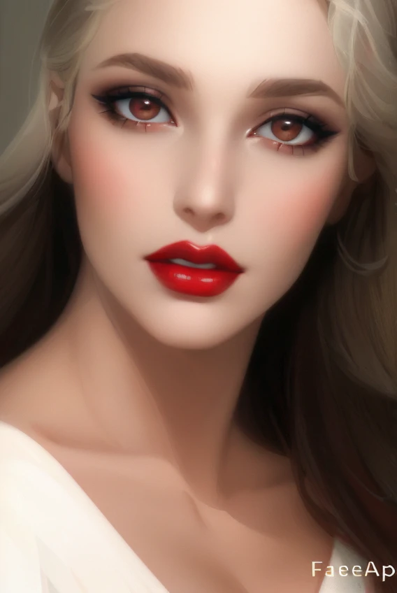 arafed woman with long hair and red lipstick posing for a picture, detailed face with red lips, light-red lips, wide golden eyes and red lips, red lips, faint red lips, sexy face with full makeup, sultry digital painting, beauty portrait, sexy red lips, big eyes and lips, photorealistic beautiful face, gorgeous face portrait