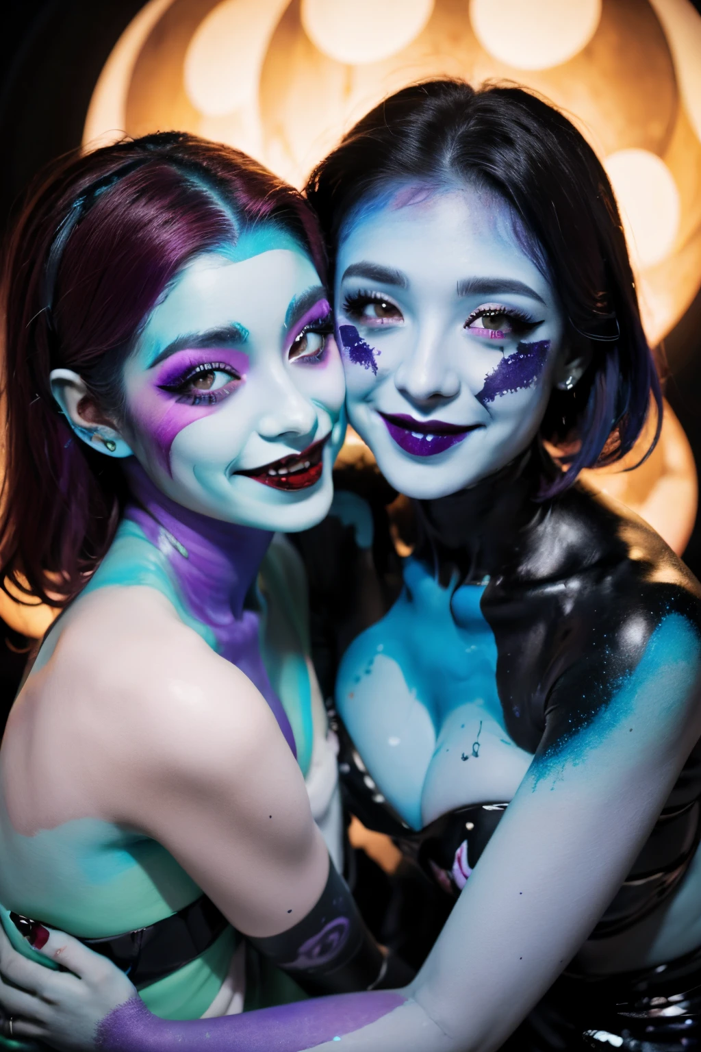 BODY PAINTED, Vampire, Lesbians, Sharp claws, Heavy makeup, Black lip, Smile, Purple tongue, Red Hair, Light-blue skin