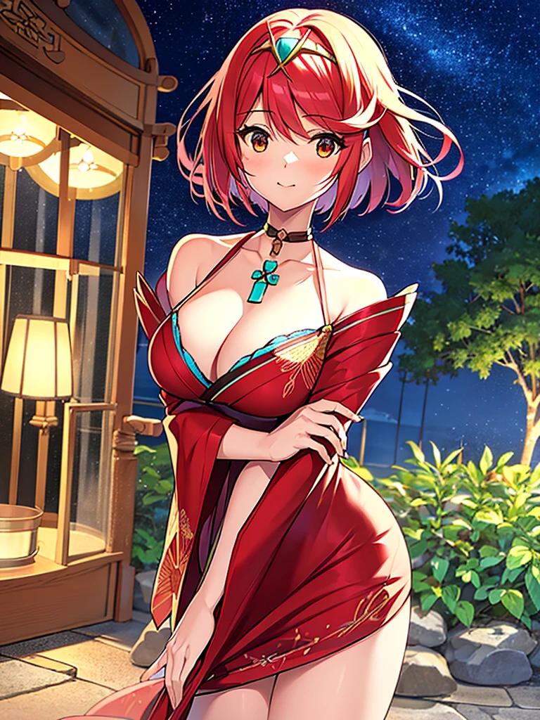 (8K, Best Quality, masutepiece:1.2), (Realistic, Photorealsitic:1.37) , 1girl in, (carousel, Night), Miao Xiaoji(secret_tee), Detailed face, Detailed eyes, Kimono、masterpiece, top-quality, girl with, pyra\(Xenoblade\), girl with, bangss, breastsout, Akame, Mouth closed, Eye lashes, Floating hair,breastsout, Red hair, Masatsugu Saito, short-hair, skins 、独奏, swept bangs、Xenoblade Chronicles\(Series\)、(Xenoblade Chronicles 2)、Homura、japanese dress robe、Moe Sleeve