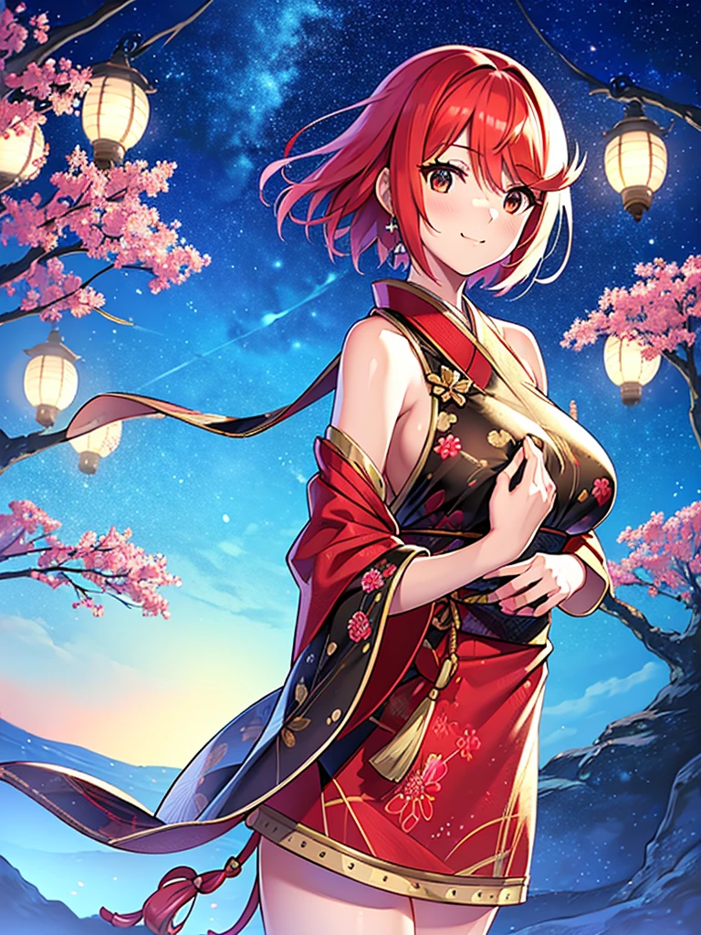 (8K, Best Quality, masutepiece:1.2), (Realistic, Photorealsitic:1.37) , 1girl in, (carousel, Night), Miao Xiaoji(secret_tee), Detailed face, Detailed eyes, Kimono、​masterpiece, top-quality, girl with, pyra\(Xenoblade\), girl with, bangss, breastsout, Akame, Mouth closed, Eye lashes, Floating hair,breastsout, Red hair, Masatsugu Saito, short-hair, skins 、独奏, swept bangs、Xenoblade Chronicles\(Series\)、(Xenoblade Chronicles 2)、Homura、japanese dress robe、Moe Sleeve