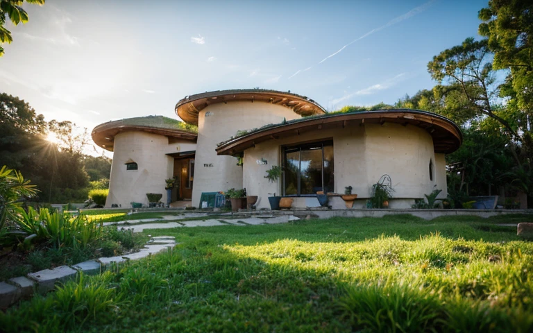 A photograph of a symmetrical contemporary house with a (((buttress wall))), (((one hyperbolic paraboloid green roof))) and (((biological pool))) and ((base stone wall foundation)) in a tropical backyard, mustard yellow terracota plaster walls (((rustic clay stucco))), ((corner walls rounded)), (((higth walls))) ((rustic clay plaster)), (((terracotta walls with rounded corners, organic curves and squared))), (((rustic earth plaster, mud))), (((hyperbolic-shaped green roof with wooden edge))), (((wooden roof structure, wooden rake, wooden fascia board))), eaves, ((roof with wooden structure)), In Bahia (((tropical garden))), ((natural houses, organic buildings, organic architecture)), ecovillage, sustainable architecture, bioconstruction architecture, solarpunk architecture, (((grass roof, green roof, green wave roof, rounded roof, vegetated roofs))), (((rock base foundation wall, foundation height 30cm, stone base wall 30cm high))), ((green architecture)), passive house, clear sky in the background, painful beauty, modern, imposing, green house, ((Bali hobbit Hadid Style)), super resolution, cinematic, color grading, editorial photography, photography, photo shoot, (((dramatic front eye top angle view))), O 50mm, depth of field, intricate details, natural colors, sharp focus, warm light, shutter speed 1/1000, F/22, White Balance, Ray Trace Reflections, Lumen Reflections, Screen Space Reflections, Diffraction Rating, Chromatic Aberration, GB Shift, Partial Lighting, Backlighting, Daylighting, Scan Lines, ambient occlusion, antialiasing, shaders, OpenGL-Shaders, GLSL-Shaders, Post-processing, post-production, shading, tone mapping, incredibly detailed and complex, hypermaximalist, elegant, hyperrealistic, super detailed, dynamic pose, Fujifilm XT