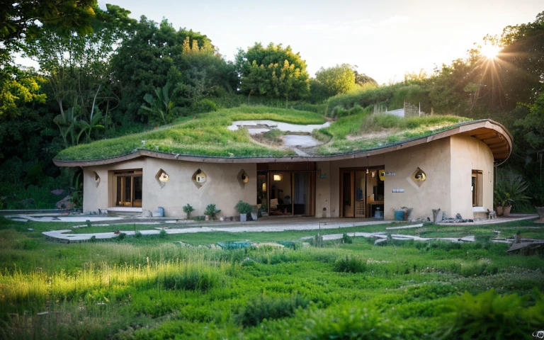 A photograph of a symmetrical contemporary house with a (((buttress wall))), (((one hyperbolic paraboloid green roof))) and (((biological pool))) and ((base stone wall foundation)) in a tropical backyard, mustard yellow terracota plaster walls (((rustic clay stucco))), ((corner walls rounded)), (((higth walls))) ((rustic clay plaster)), (((terracotta walls with rounded corners, organic curves and squared))), (((rustic earth plaster, mud))), (((hyperbolic-shaped green roof with wooden edge))), (((wooden roof structure, wooden rake, wooden fascia board))), eaves, ((roof with wooden structure)), In Bahia (((tropical garden))), ((natural houses, organic buildings, organic architecture)), ecovillage, sustainable architecture, bioconstruction architecture, solarpunk architecture, (((grass roof, green roof, green wave roof, rounded roof, vegetated roofs))), (((rock base foundation wall, foundation height 30cm, stone base wall 30cm high))), ((green architecture)), passive house, clear sky in the background, painful beauty, modern, imposing, green house, ((Bali hobbit Hadid Style)), super resolution, cinematic, color grading, editorial photography, photography, photo shoot, (((dramatic front eye top angle view))), O 50mm, depth of field, intricate details, natural colors, sharp focus, warm light, shutter speed 1/1000, F/22, White Balance, Ray Trace Reflections, Lumen Reflections, Screen Space Reflections, Diffraction Rating, Chromatic Aberration, GB Shift, Partial Lighting, Backlighting, Daylighting, Scan Lines, ambient occlusion, antialiasing, shaders, OpenGL-Shaders, GLSL-Shaders, Post-processing, post-production, shading, tone mapping, incredibly detailed and complex, hypermaximalist, elegant, hyperrealistic, super detailed, dynamic pose, Fujifilm XT