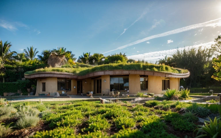 A photograph of a symmetrical contemporary house with a (((buttress wall))), (((one hyperbolic paraboloid green roof))) and (((biological pool))) and ((base stone wall foundation)) in a tropical backyard, mustard yellow terracota plaster walls (((rustic clay stucco))), ((corner walls rounded)), (((higth walls))) ((rustic clay plaster)), (((terracotta walls with rounded corners, organic curves and squared))), (((rustic earth plaster, mud))), (((hyperbolic-shaped green roof with wooden edge))), (((wooden roof structure, wooden rake, wooden fascia board))), eaves, ((roof with wooden structure)), In Bahia (((tropical garden))), ((natural houses, organic buildings, organic architecture)), ecovillage, sustainable architecture, bioconstruction architecture, solarpunk architecture, (((grass roof, green roof, green wave roof, rounded roof, vegetated roofs))), (((rock base foundation wall, foundation height 30cm, stone base wall 30cm high))), ((green architecture)), passive house, clear sky in the background, painful beauty, modern, imposing, green house, ((Bali hobbit Hadid Style)), super resolution, cinematic, color grading, editorial photography, photography, photo shoot, (((dramatic front eye top angle view))), O 50mm, depth of field, intricate details, natural colors, sharp focus, warm light, shutter speed 1/1000, F/22, White Balance, Ray Trace Reflections, Lumen Reflections, Screen Space Reflections, Diffraction Rating, Chromatic Aberration, GB Shift, Partial Lighting, Backlighting, Daylighting, Scan Lines, ambient occlusion, antialiasing, shaders, OpenGL-Shaders, GLSL-Shaders, Post-processing, post-production, shading, tone mapping, incredibly detailed and complex, hypermaximalist, elegant, hyperrealistic, super detailed, dynamic pose, Fujifilm XT