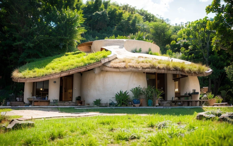 A photograph of a symmetrical contemporary house with a (((buttress wall))), (((one hyperbolic paraboloid green roof))) and (((biological pool))) and ((base stone wall foundation)) in a tropical backyard, mustard yellow terracota plaster walls (((rustic clay stucco))), ((corner walls rounded)), (((higth walls))) ((rustic clay plaster)), (((terracotta walls with rounded corners, organic curves and squared))), (((rustic earth plaster, mud))), (((hyperbolic-shaped green roof with wooden edge))), (((wooden roof structure, wooden rake, wooden fascia board))), eaves, ((roof with wooden structure)), In Bahia (((tropical garden))), ((natural houses, organic buildings, organic architecture)), ecovillage, sustainable architecture, bioconstruction architecture, solarpunk architecture, (((grass roof, green roof, green wave roof, rounded roof, vegetated roofs))), (((rock base foundation wall, foundation height 30cm, stone base wall 30cm high))), ((green architecture)), passive house, clear sky in the background, painful beauty, modern, imposing, green house, ((Bali hobbit Hadid Style)), super resolution, cinematic, color grading, editorial photography, photography, photo shoot, (((dramatic front eye top angle view))), O 50mm, depth of field, intricate details, natural colors, sharp focus, warm light, shutter speed 1/1000, F/22, White Balance, Ray Trace Reflections, Lumen Reflections, Screen Space Reflections, Diffraction Rating, Chromatic Aberration, GB Shift, Partial Lighting, Backlighting, Daylighting, Scan Lines, ambient occlusion, antialiasing, shaders, OpenGL-Shaders, GLSL-Shaders, Post-processing, post-production, shading, tone mapping, incredibly detailed and complex, hypermaximalist, elegant, hyperrealistic, super detailed, dynamic pose, Fujifilm XT