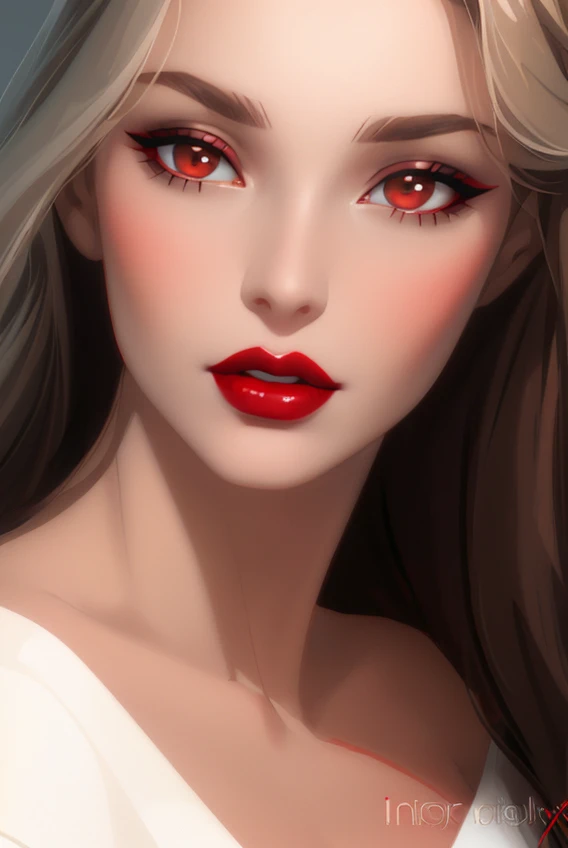 arafed woman with long hair and red lipstick posing for a picture, detailed face with red lips, light-red lips, wide golden eyes and red lips, red lips, faint red lips, sexy face with full makeup, sultry digital painting, beauty portrait, sexy red lips, big eyes and lips, photorealistic beautiful face, gorgeous face portrait
