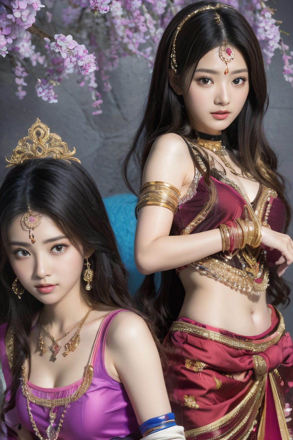 two girls anime who are a devotee of krishna,The proportions are the same for all races, All faces and pictures must be different, ulzzang -6500-v1.1, (Raw photo:1.2), (Photorealsitic), Beautiful detailed, (Real: 1.4), extremely detailed eye and face, beatiful detailed eyes,