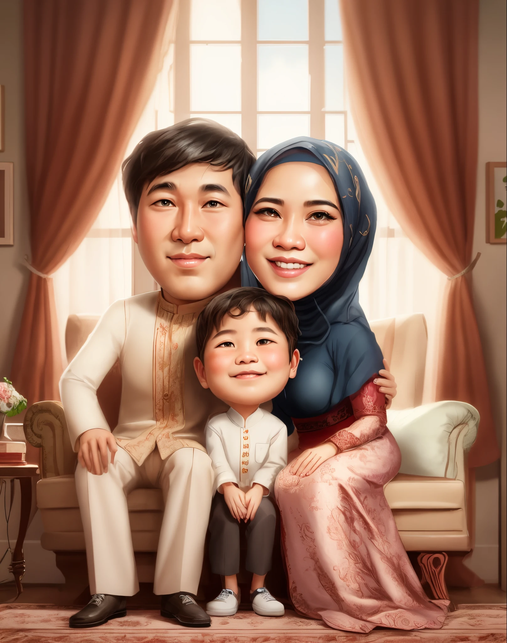 a cartoon picture of a family sitting on a couch together, Mother wears the hijab, an indonesian family portrait, happy family, caricature illustration, in cartoon style, caricature style, indonesian muslim family, cartoon portrait, husband wife and son, family portrait, potrait, cartoon digital painting, portrait of family of three, digital art cartoon, digital cartoon painting art, cartoon digital art, traditional portrait