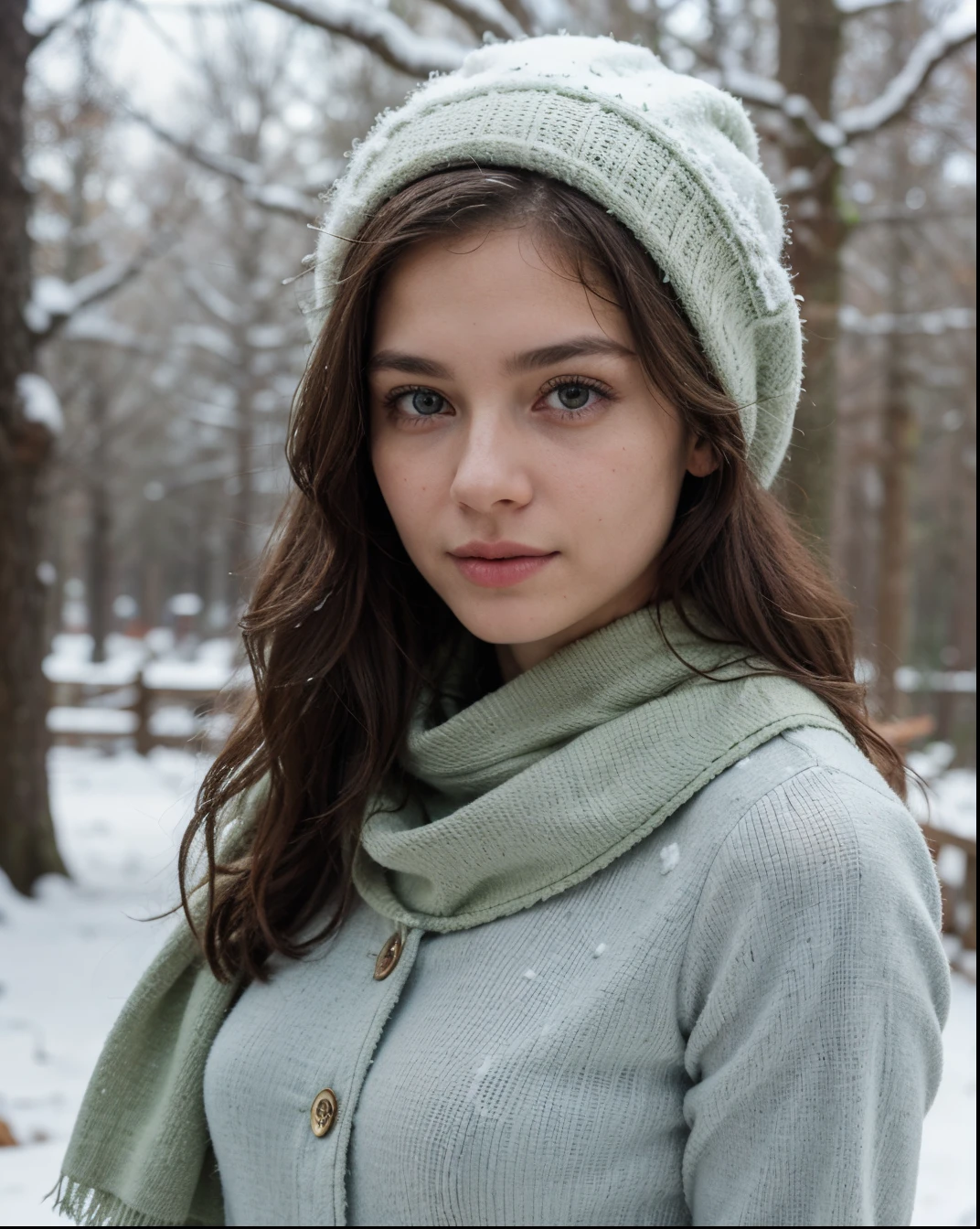 Cute beautiful European light-green-eyed brunette, 22 years old,
Sexy standing pose,full-body portrait, forest, nature, snow, outside, winter, december, warm clothes, scarf, bonnet, no nude,
tiny waist, very detailed, innocent face, face-length 1.3 times the face-width, almond-shaped eyes, squared face-shape, high cheekbones, naturally wavy hair, light-green eyes, high-res, masterpiece, best quality, intricate details, very detailed, sharp focus, detailed skin, realistic skin texture, texture, detailed eyes, professional, 4k, charming smile, shot with Canon, light depth of field, Kodak Vision color, perfectly fitting body, extremely detailed, photo_\( ultra\), photorealistic, realistic, post processing, maximum details, roughness, real life, ultrarealistic, photorealism, photography, 8k UHD, photography
