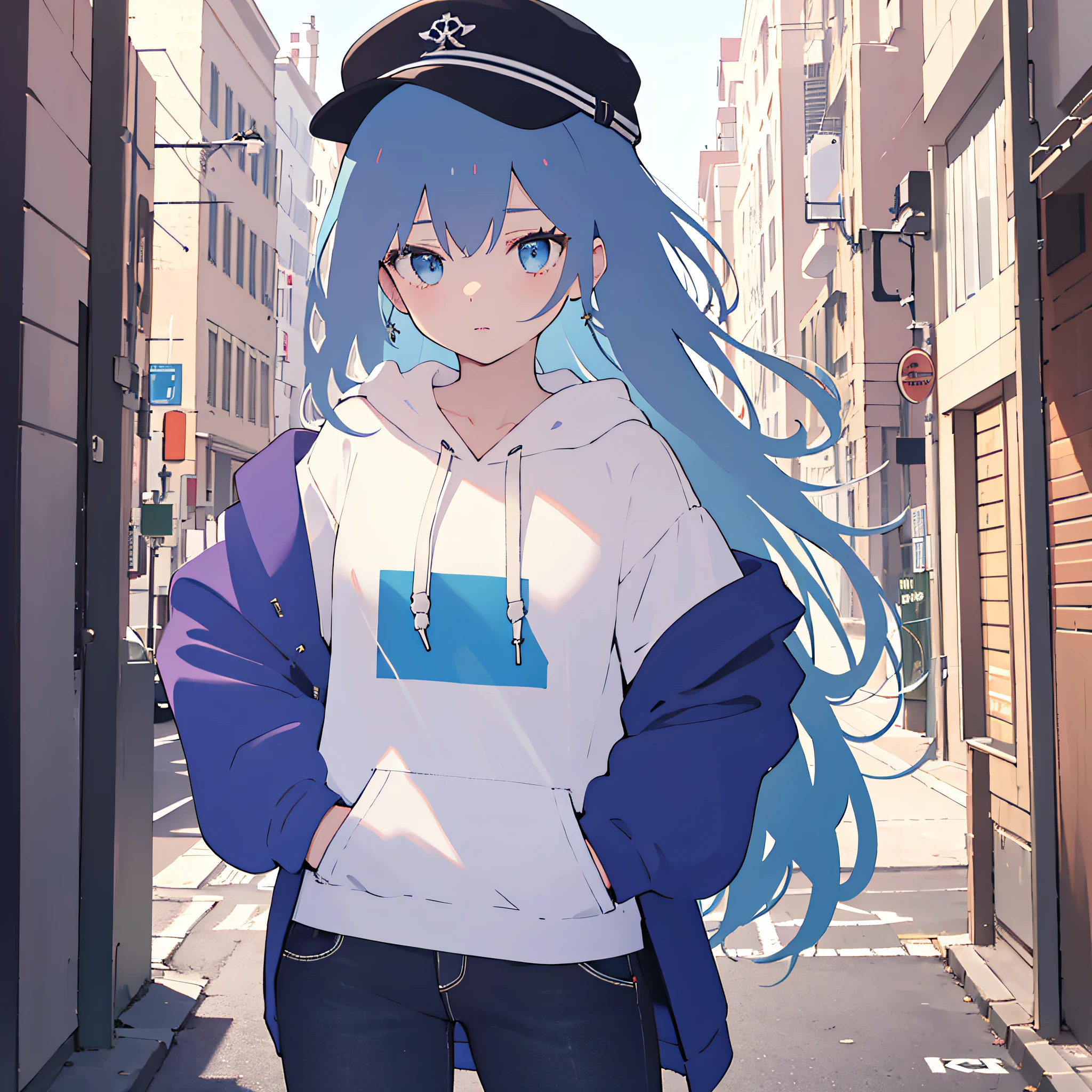 masterpiece,1girl,solo,long hair,blue hair,hoodie,off shoulder:1.2, mob cap, street,hand on hip, hand in pocket,