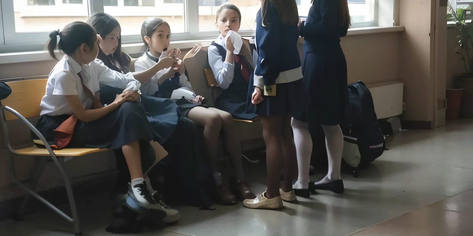 several children sitting on a bench in a school classroom, Break, in the school hallway, sitting in the classroom, school classroom, candid shot, looking distracted and awkward, private moment, wearing school uniform, inspired by Pietro Longhi, standing in class, beautiful girls, in the school classroom, Girls are resting, wearing school uniform
