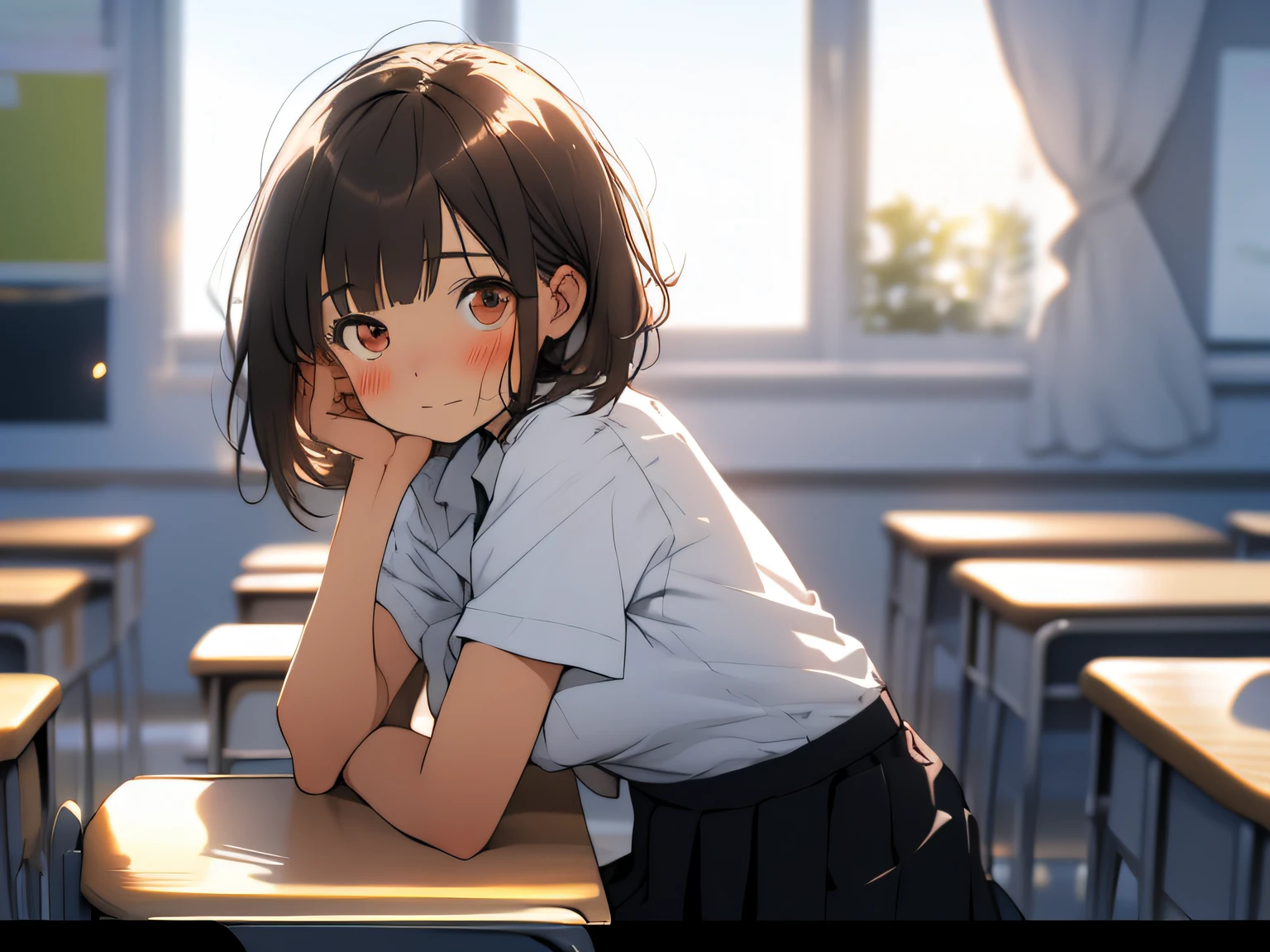 1个Giant Breast Girl, Alone, a skirt, Indoors, desks, looking at viewert, The shirt, janelas, short- sleeved, classroom desk, Brown hair, ‎Classroom, Brown eyes, 校服, white  shirt, pleatedskirt, By bangs, Black dress, short detailed hair, a chair, Keep your mouth shut, school chair, Be red in the face, fuzzy, From the side Side, vague background, 窗帘, nedium breasts, Look to the side, The light from the back window is backlighted, mailbox, sitted