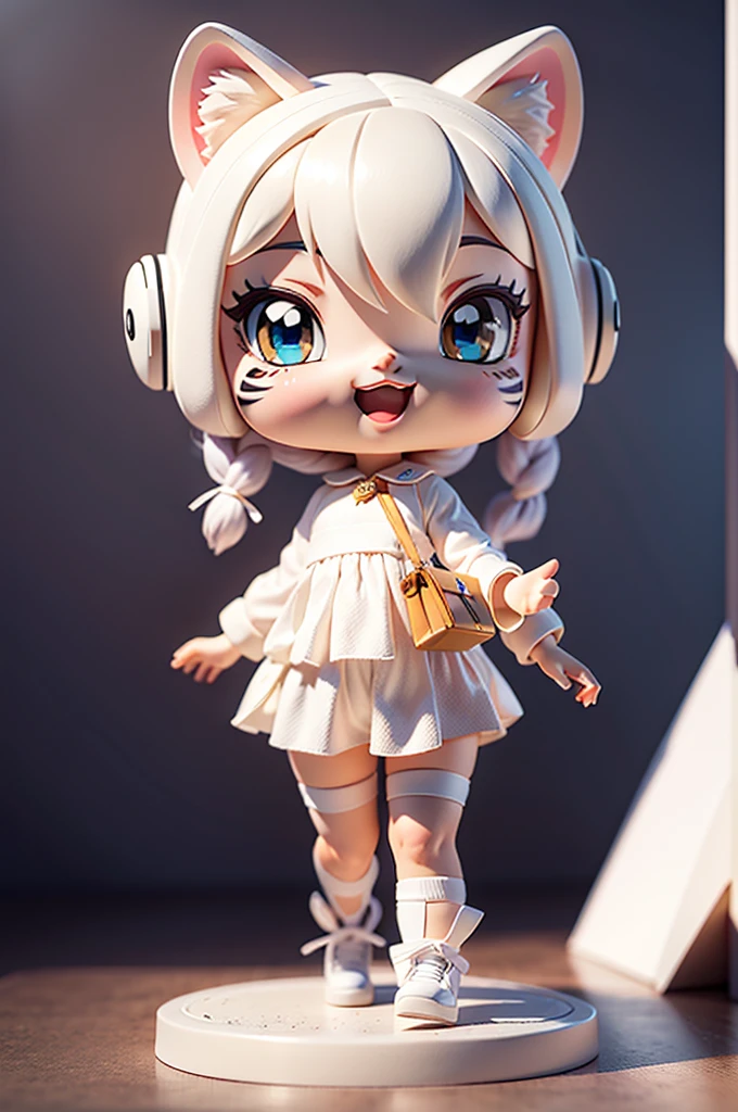 (masterpiece), (excellent), (ultra-detail), (Full body: 1.2), (secluded), white theme, white tiger magician, kawaii, opened mouth, smile, Headphones, tiger stripes, popmart blind box, Clay texture, walk on the earth, black and white background, natural light, bestquality, ultra-detail, 3D Art, C4D, OC renderer, 3D rendering, 10