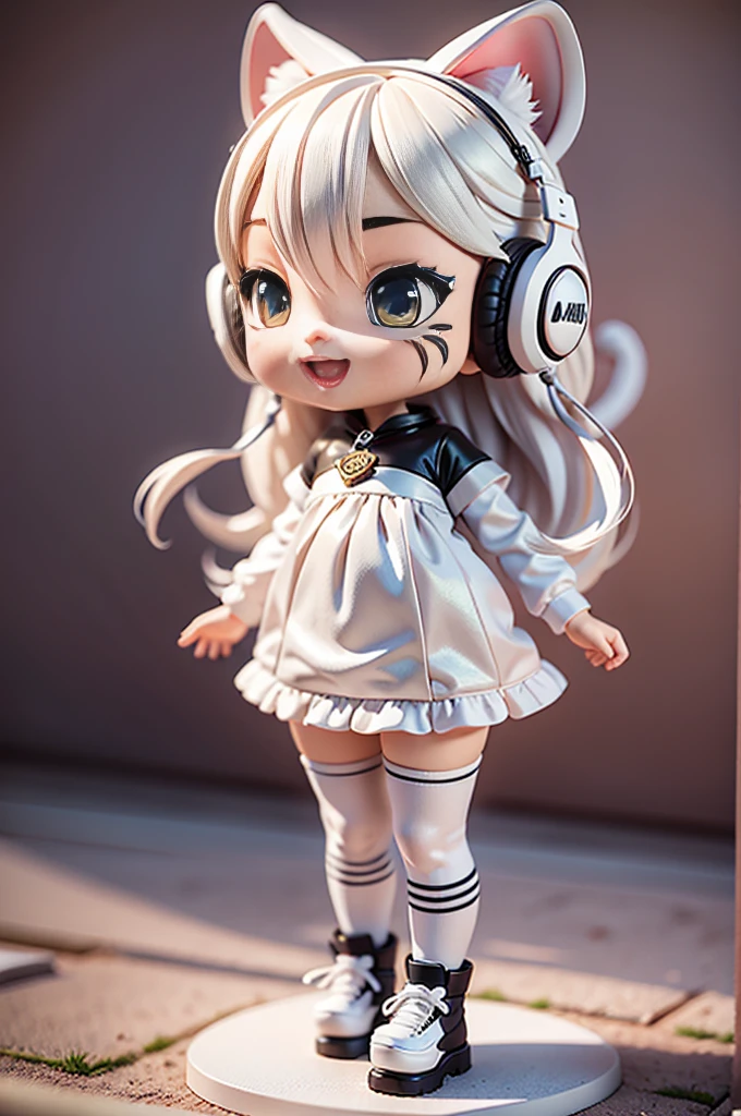 (masterpiece), (excellent), (ultra-detail), (Full body: 1.2), (secluded), white theme, white tiger magician, kawaii, opened mouth, smile, Headphones, tiger stripes, popmart blind box, Clay texture, walk on the earth, black and white background, natural light, bestquality, ultra-detail, 3D Art, C4D, OC renderer, 3D rendering, 10