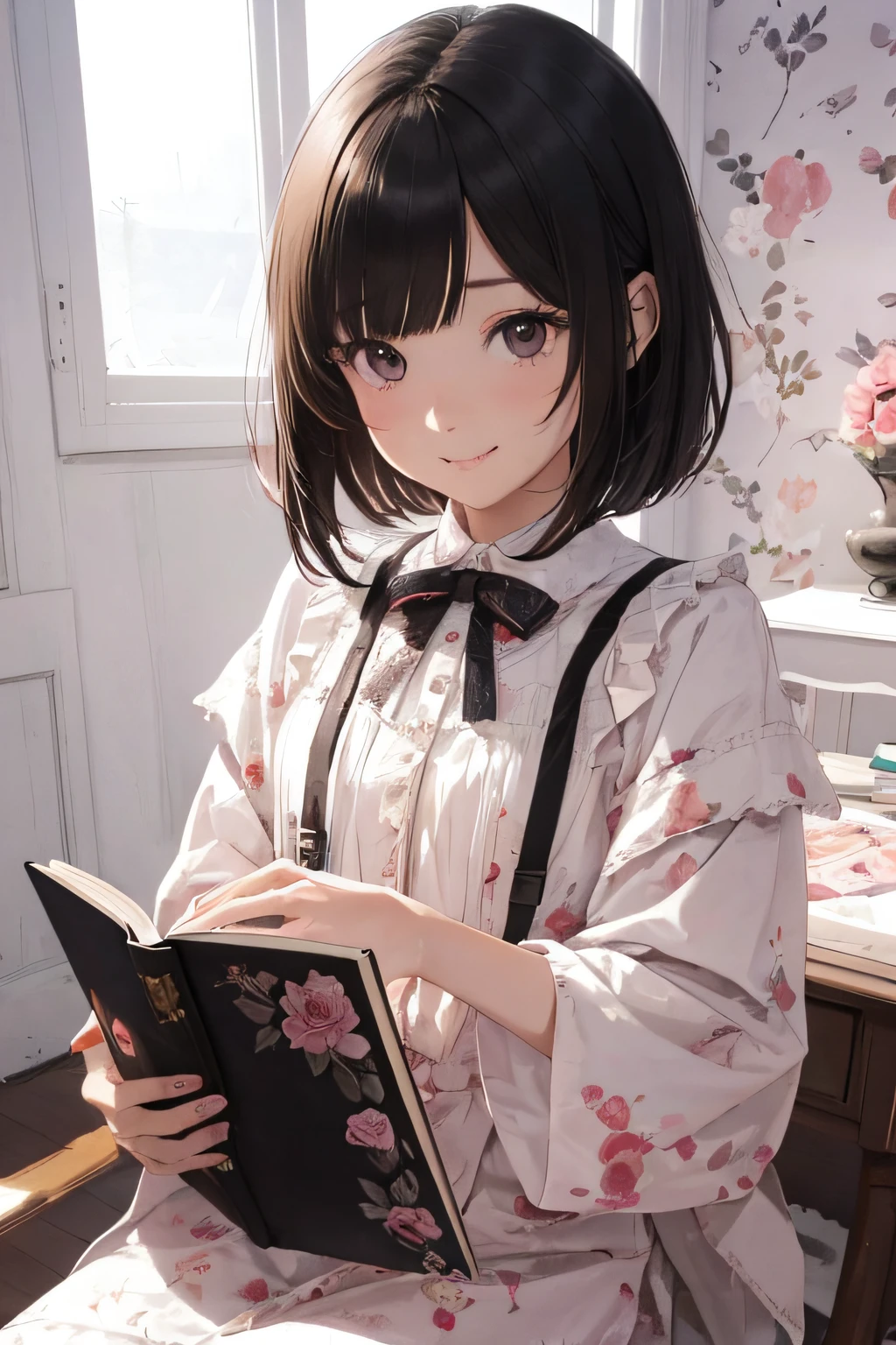 {{{{{{Sit on a chair、Girl holding a colorful open book in her hands}}}}}}、A dark-haired、Black eye、Bob cut hairstyle with even ends、Cut the bangs parallel to each other、 spring outfit、tiny chest、Happy smile、Laughing mouth、red tide、 {{{{{{Background is a girl's room}}}}}}、floral pink wallpaper、White carpet、Clean room、new furniture、hight resolution、Unity 8k壁纸、Professional、extra detailed face、Perfect Lighting、 extremely details CG、(Perfect hands、Perfect Anatomy)、Serious girl、Quiet girl、