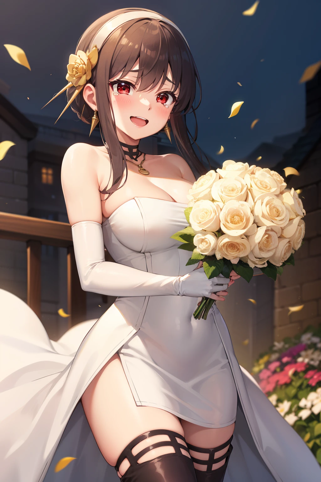 masterpiece, best quality, highres, aaichika, tiara, bridal veil, necklace, cleavage, wedding dress, strapless dress, white dress, white gloves, elbow gloves, garden on background, smile, open mouth, tears, upper body, confetti, holding bouquet, bouquet, aayorf, sidelocks, gold hairband, hair ornament, red eyes, gold earring, large breasts, choker, bare shoulders, fingerless gloves, thigh boots, tight white stockings