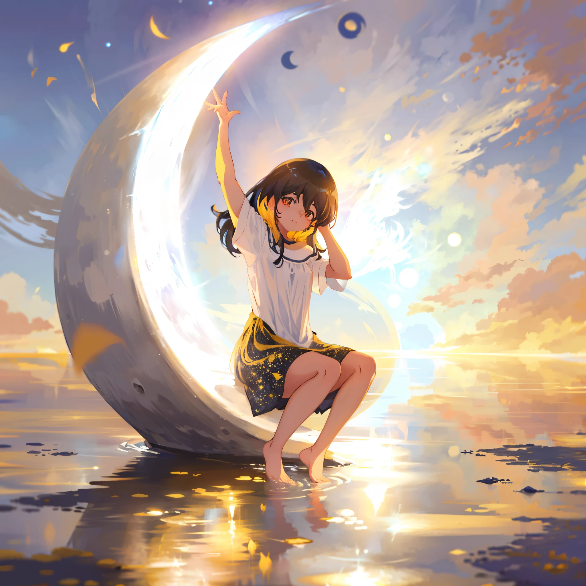 Arafed girl sitting on a crescent shaped object in the water., Sentado en una luna, luna brillando luz dorada, en la luna, Cyril Rolando y Goro Fujita, inspirado por Cyril Rolando, The moon behind her, a la luna, Tendencias en CGVatstation, sosteniendo la luna sobre un palo, Mirando a la luna, Hermoso como la luna