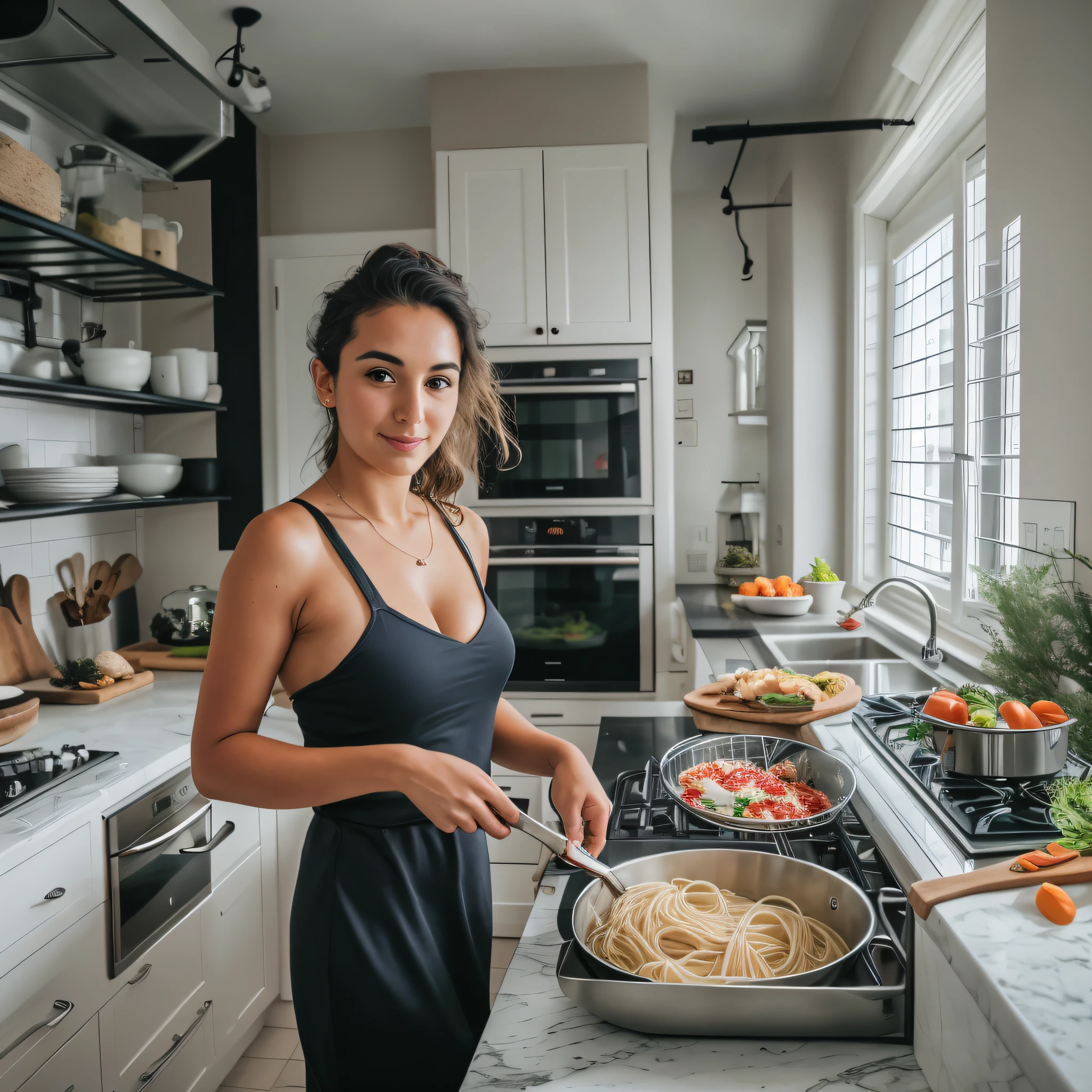 28 year old girl preparing pasta, big modular kitchen with island, white interiors, athletic body, wearing tank top
